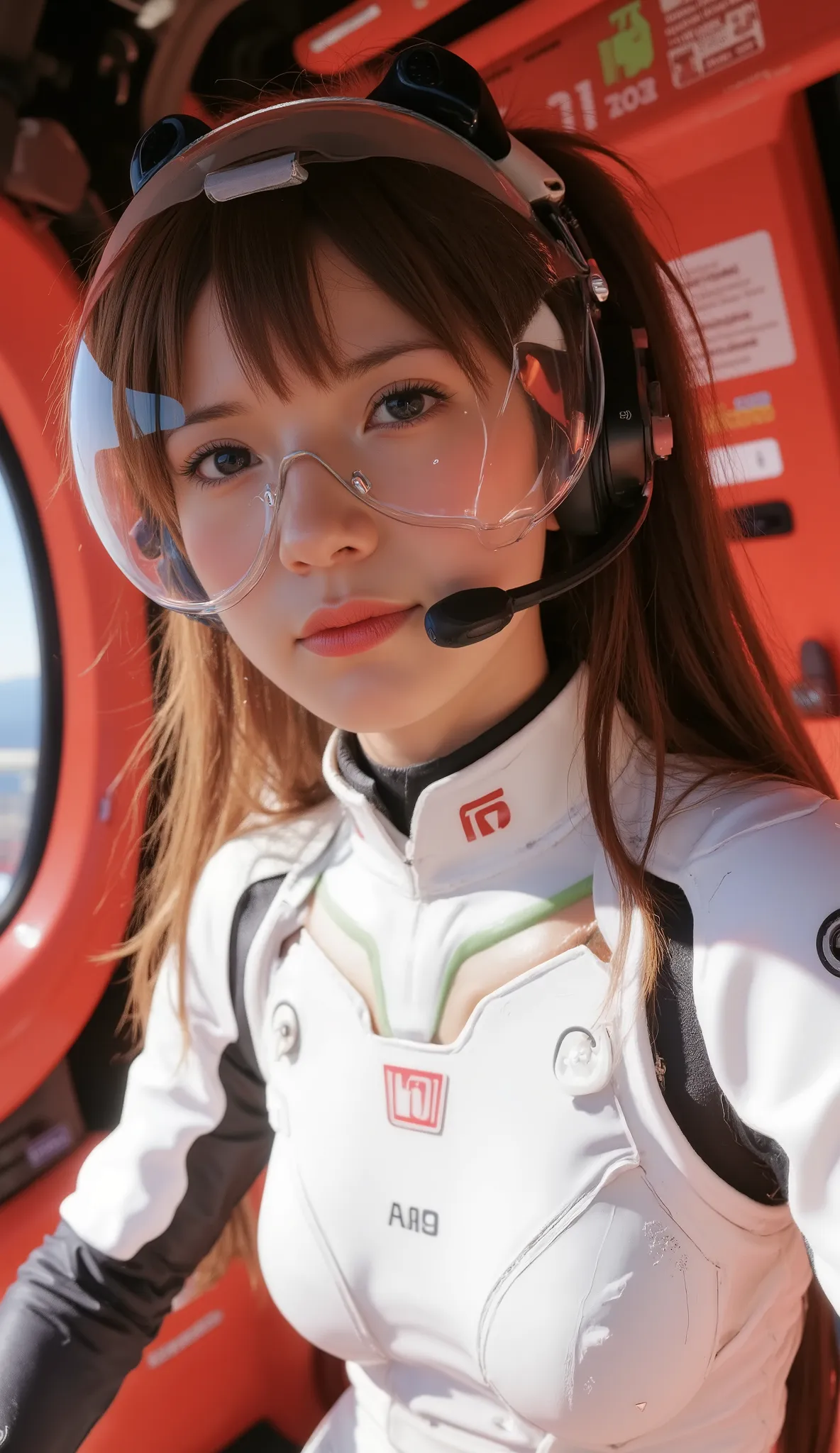 Red fluid-filled cockpit、lying position、 futuristic white suit 、clear glass full face helmet、solo、Digitally processed information is projected on the cockpit covered with a liquid crystal panel、Activity time display、Woman、Alone、headset、 tracks the pilot an...
