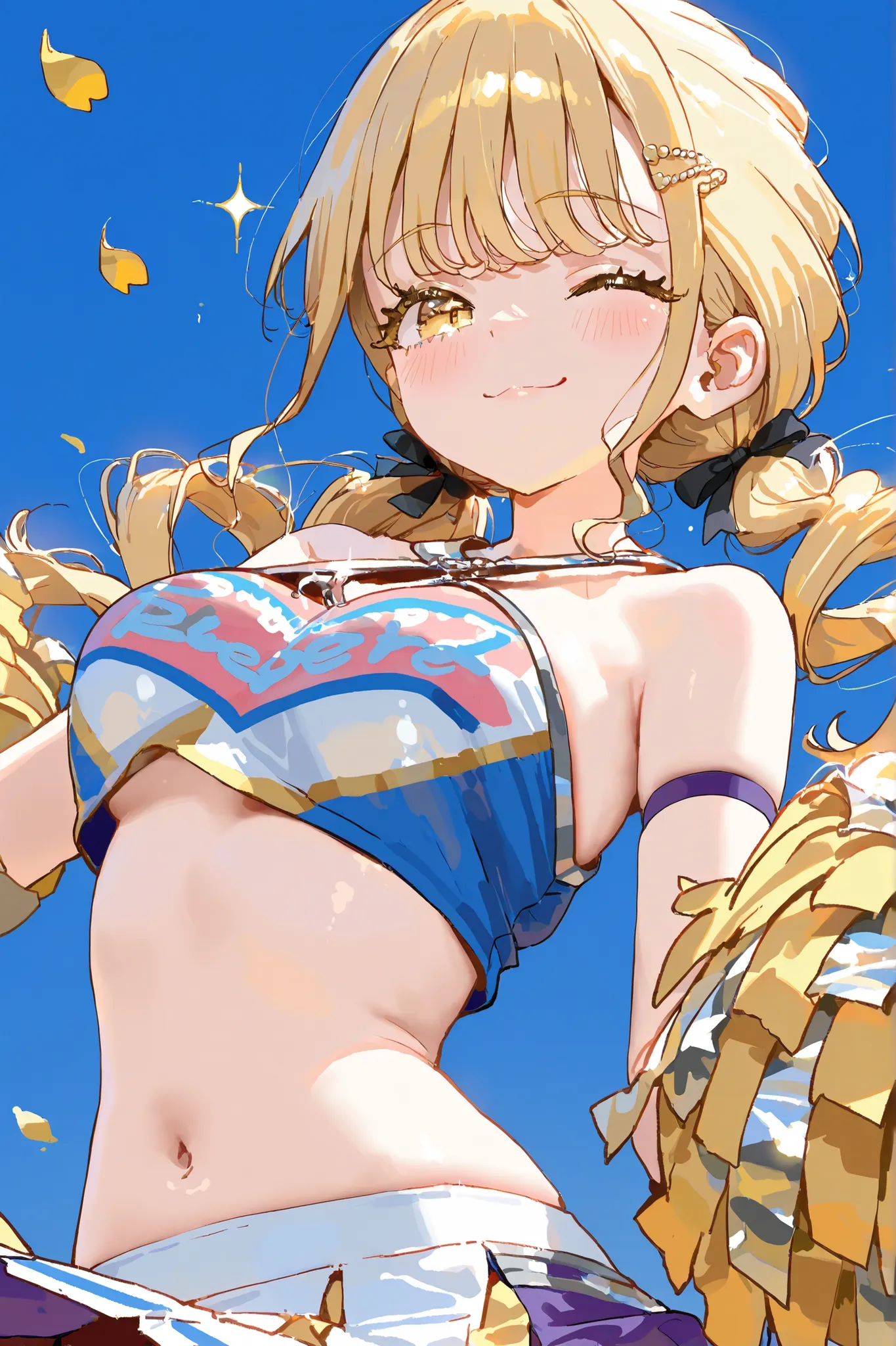 1 girl　Fujita Kotone　long eyelashes　Sparkling Blonde　Best Smile　wink　cheerleader costume　Petals Dance　The cutest in the world　blue sky background　Perfect Pose　High Definition　masterpiece