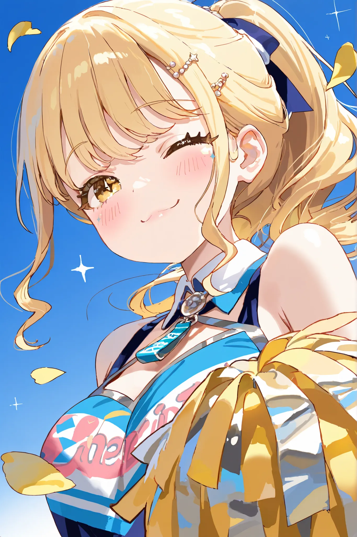 1 girl　Fujita Kotone　long eyelashes　Sparkling Blonde　ponytail hairstyle　Best Smile　wink　cheerleader costume　Petals Dance　The cutest in the world　blue sky background　Perfect Pose　High Definition　masterpiece