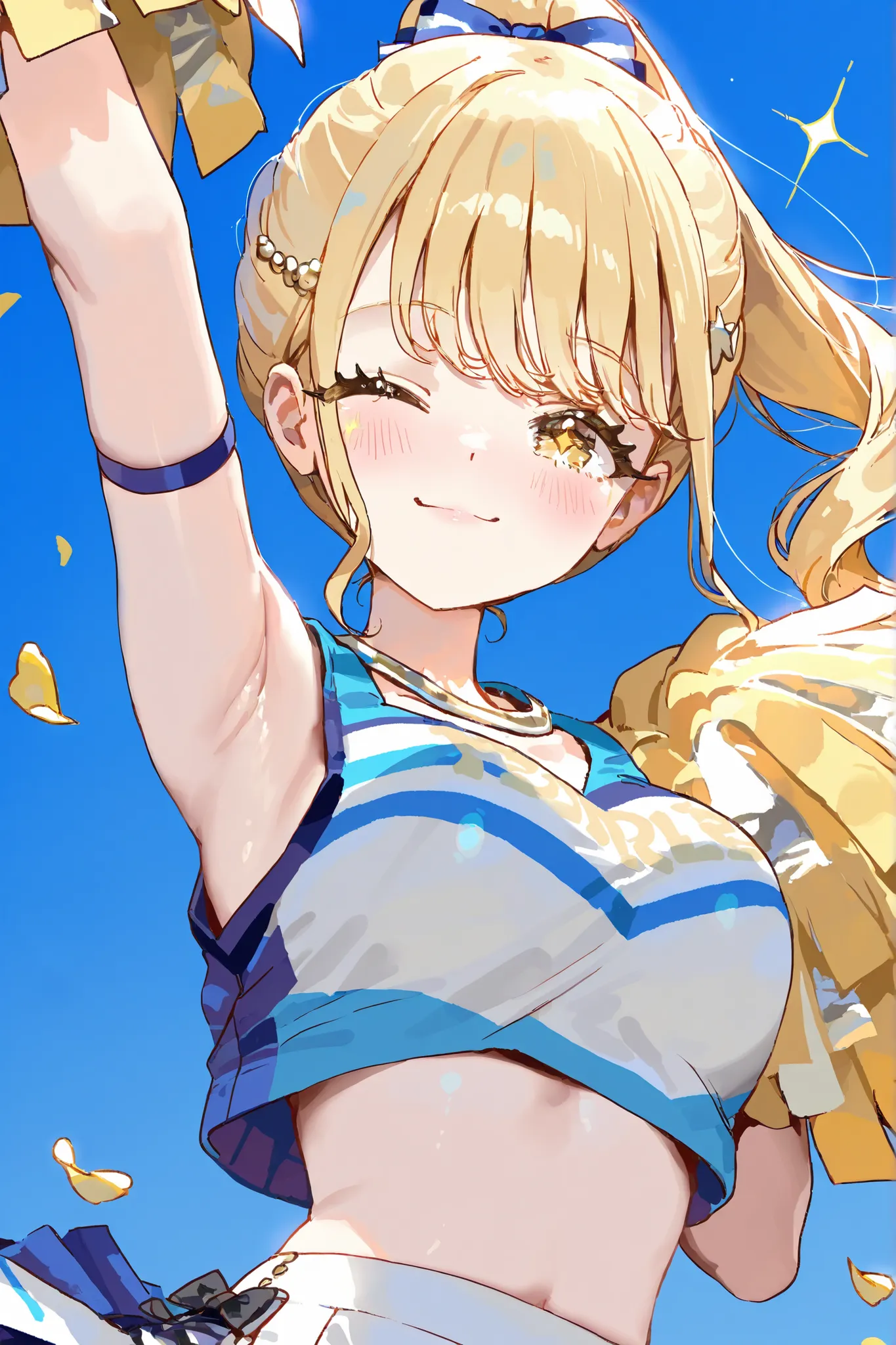 1 girl　Fujita Kotone　long eyelashes　Sparkling Blonde　ponytail hairstyle　Best Smile　wink　cheerleader costume　Petals Dance　The cutest in the world　blue sky background　Perfect Pose　High Definition　masterpiece