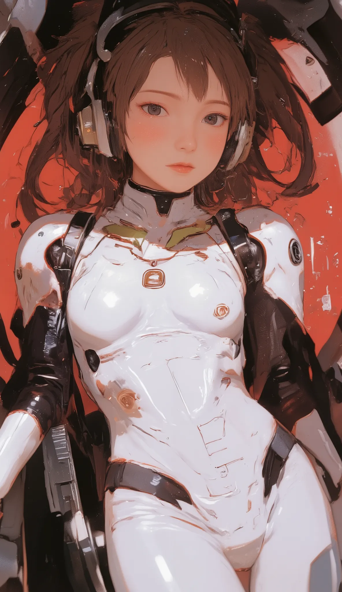 cockpit filled with red liquid、Lying position、 futuristic white suit 、透明なheadset、solo、digitally processed information、is projected onto the cockpit covered by an LCD panel、activity time display、Woman、Alone、headset、 Track the pilot、take pictures from the si...