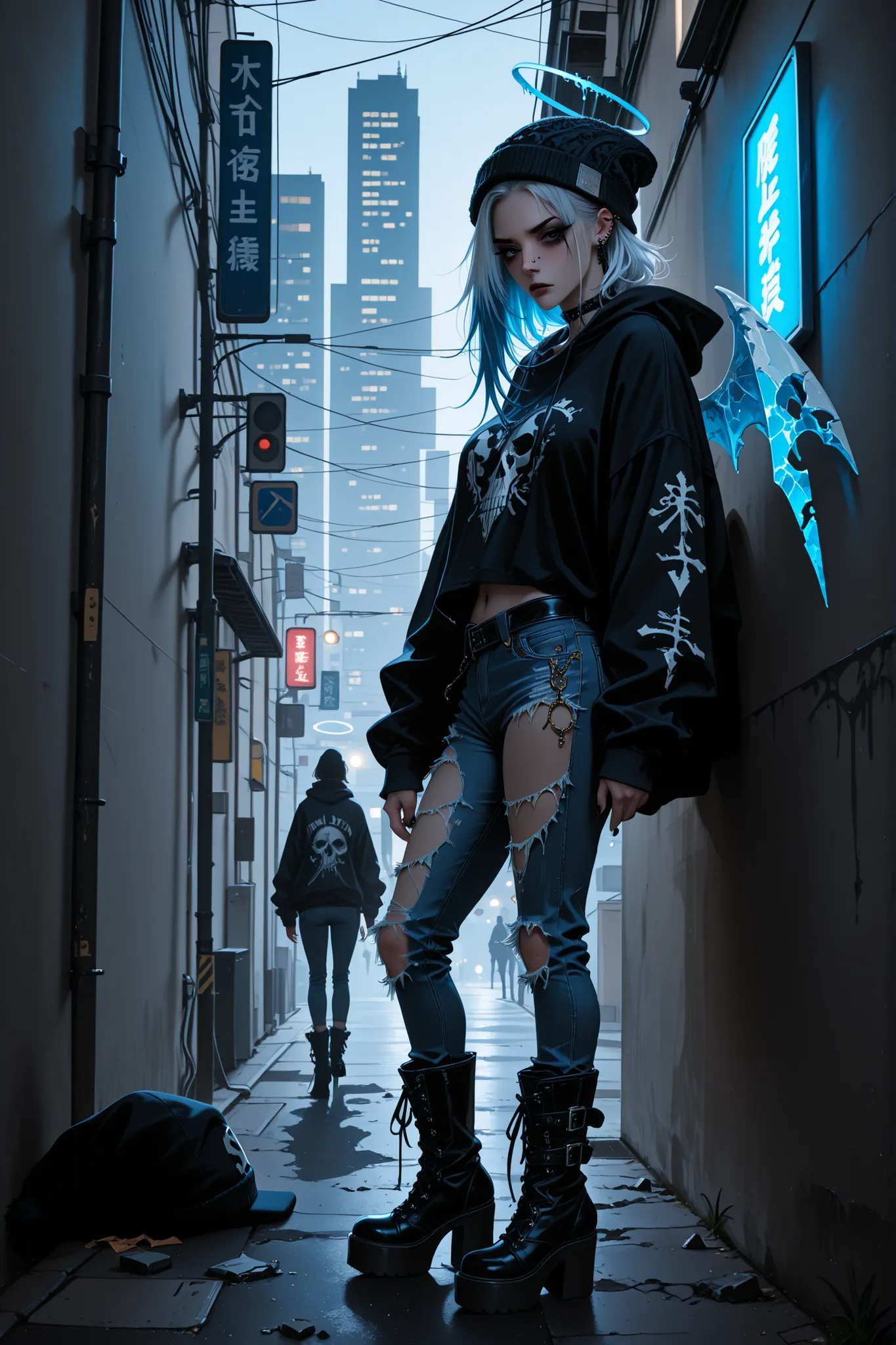 masterpiece, best quality, absurdres, ultra-high resolution, 8k, cinematic lighting, macro detail, dramatic composition, photorealistic urban fantasy illustration, fallen angel girl walking on a city street at dusk, rebellious vibe, ripped jeans, black pun...