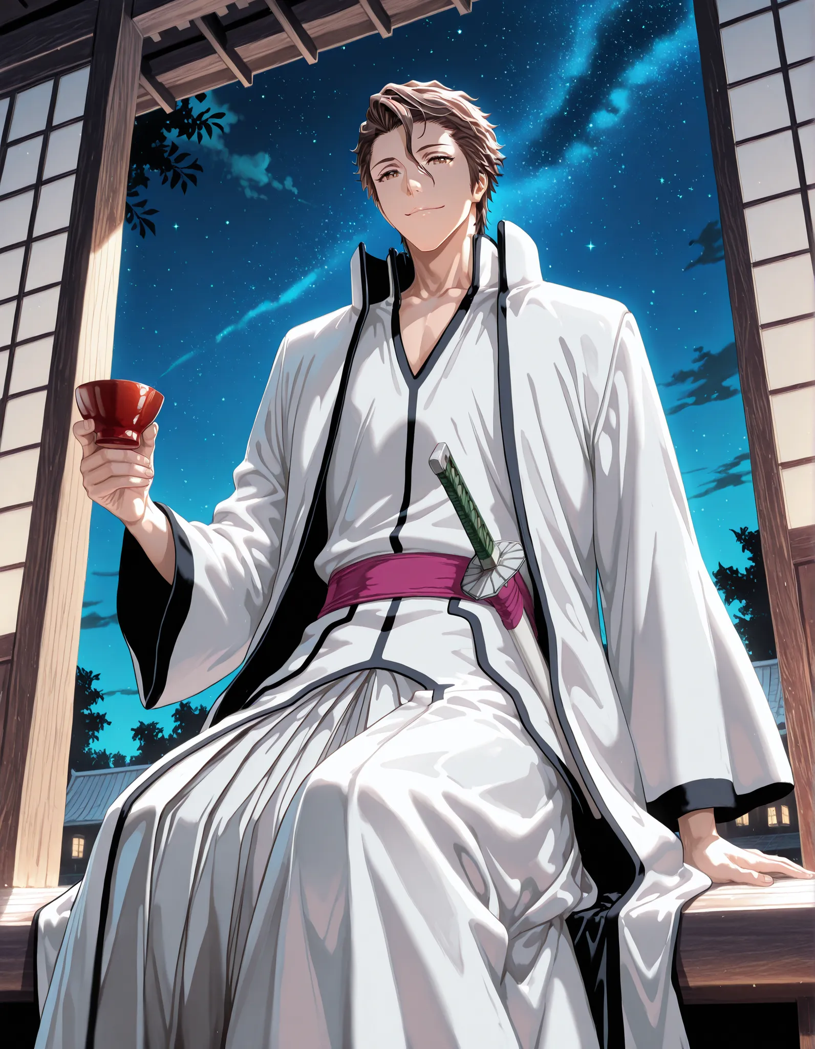 high quality, masterpiece, detailed, 8K, beautiful lighting, five fingers, anime style, vibrant colors, A man sits on the veranda of a wooden building, where the stars shine and the moonlight shines in a deep blue sky that exudes a sense of transience, hol...