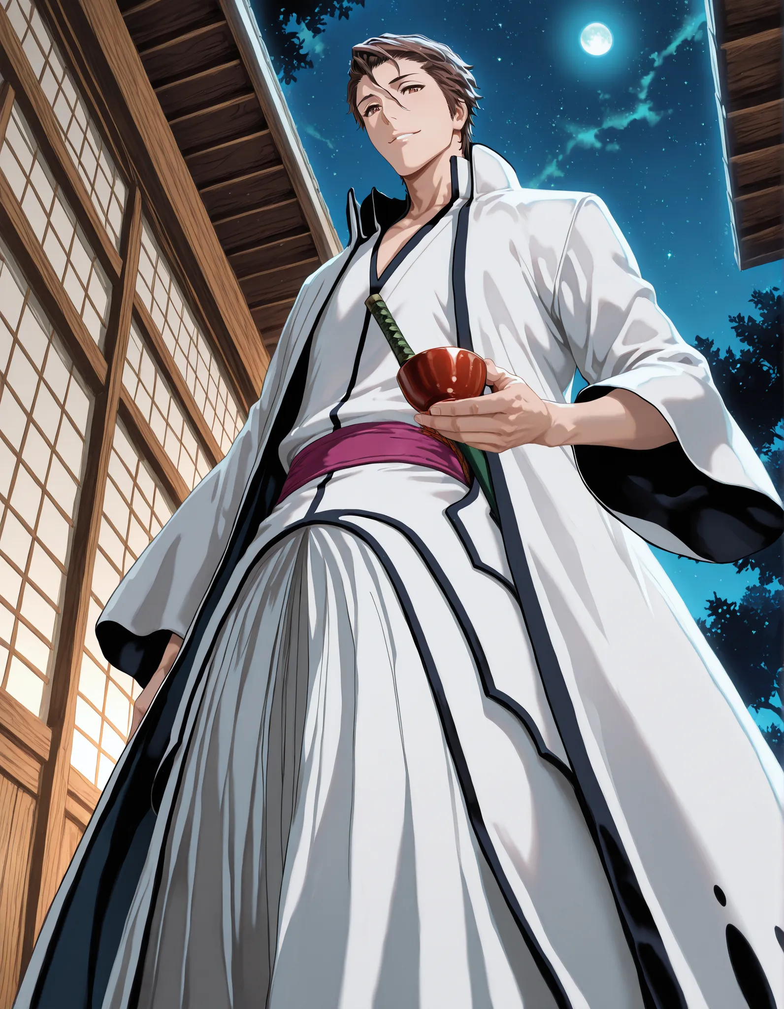 high quality, masterpiece, detailed, 8K, beautiful lighting, five fingers, anime style, vibrant colors, A man sits on the veranda of a wooden building, where the stars shine and the moonlight shines in a deep blue sky that exudes a sense of transience, hol...