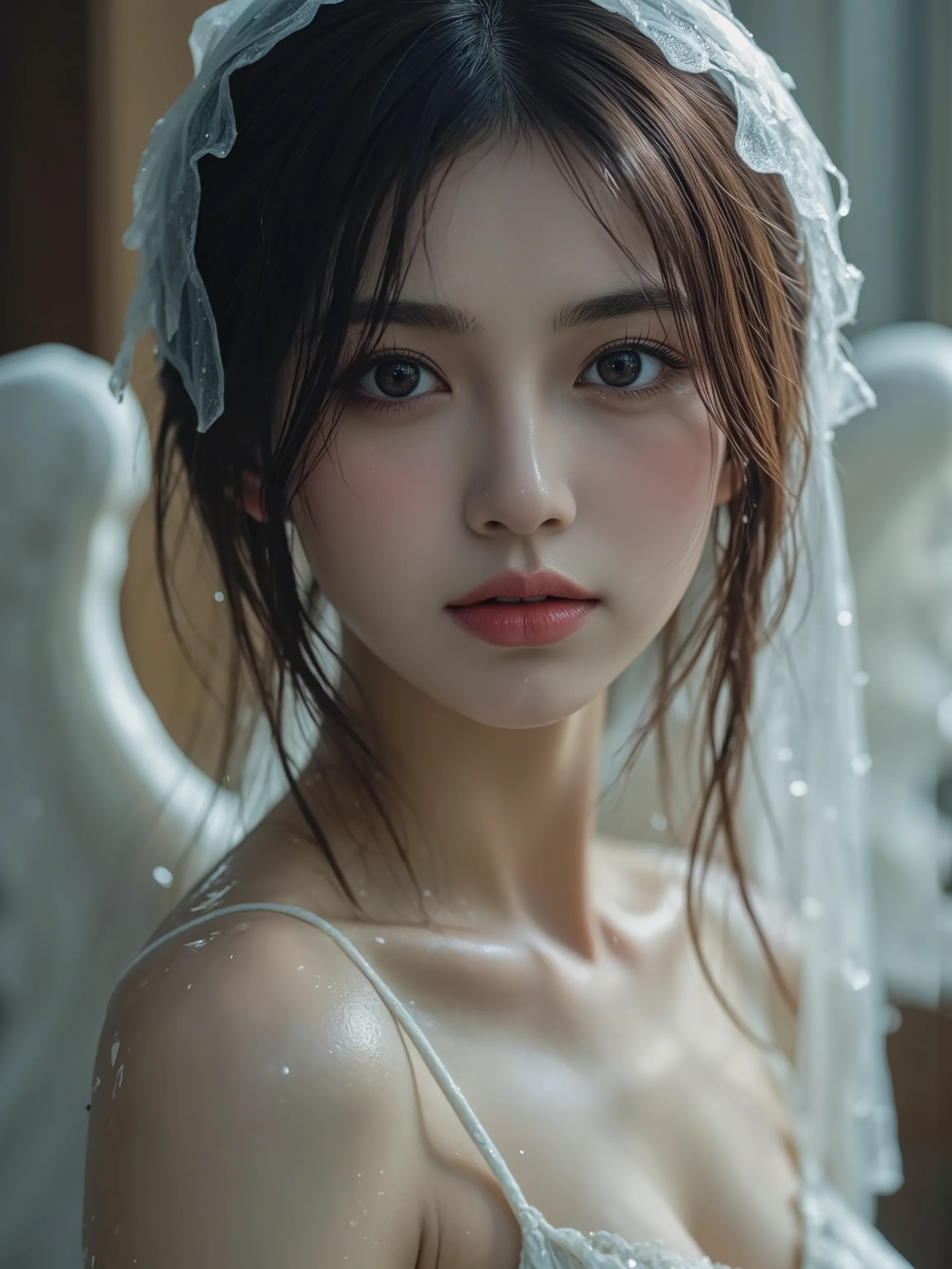 One-winged angel woman standing in the rain,Three-dimensional and delicate face,An expression of sorrow and sorrow,weak々Intimidating posture,Moist Skin Texture,Fine Costume Details,Rich colors,A fantastic atmosphere floating in the rain,4K high definition,...