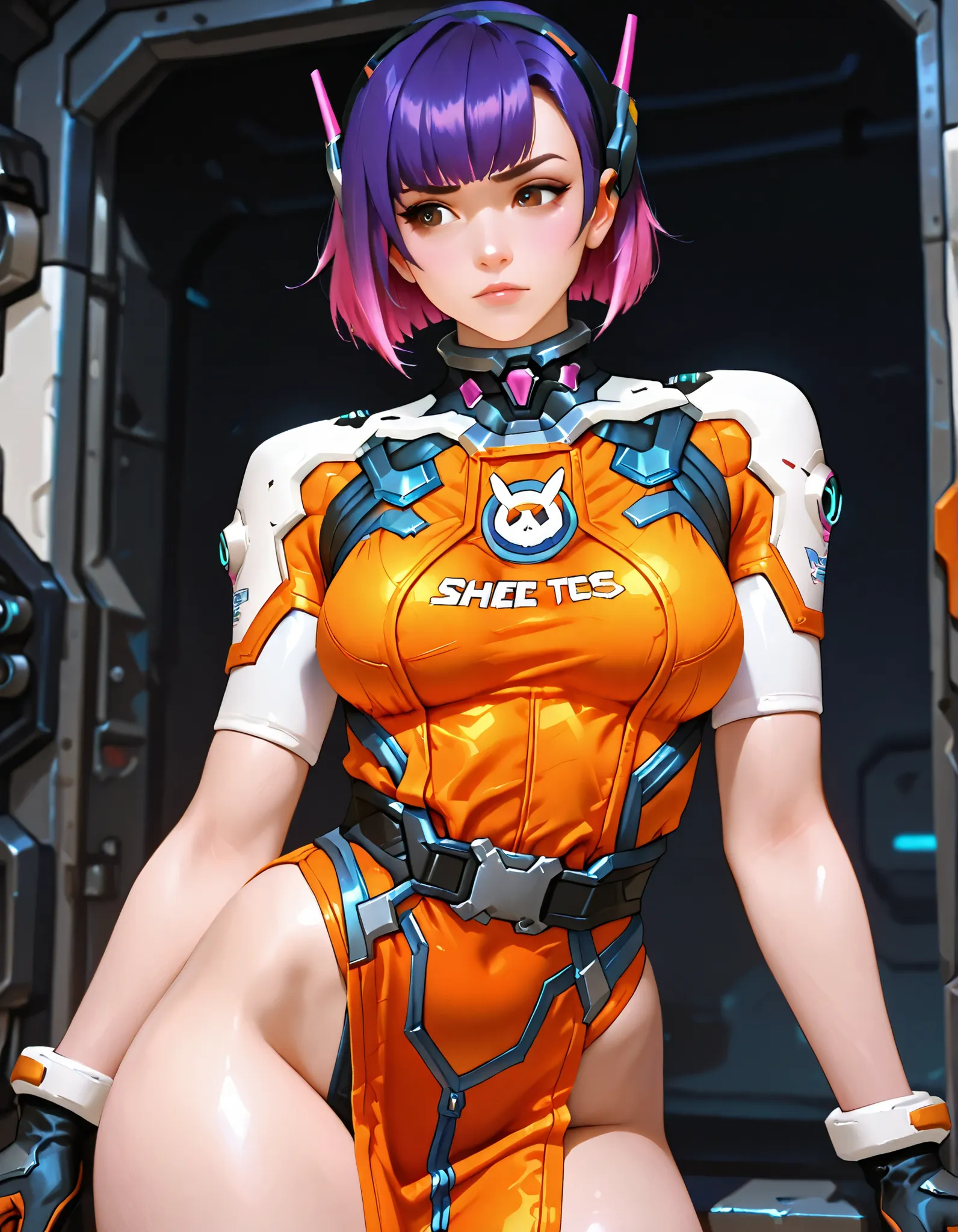 High quality, 1 girl, Juno Teo Minh ((Juno Teo Minh)) from Overwatch, big hips, cout dress, , BREAK junoSDXL, 1girl, short hair, Gloves, pink hair, purple hair, brown eyes, straight bangs, orange swimsuit, skin, orange uniform, She is upset, looks disappro...