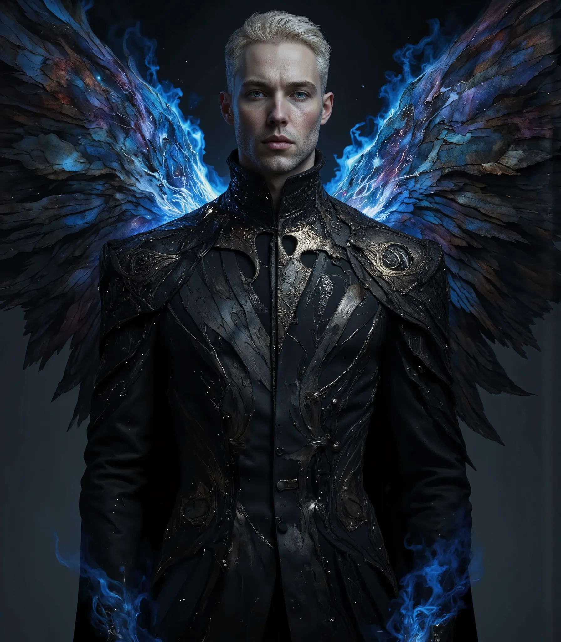  Cinematic hyper real dark theme dark fantasy, horror art, body shot of a confident 38 year old man with short, white hair and bright blue eyes behind sharp aquiline facial features. He is impeccably dressed in a sleek, black, high-collared coat and tailor...