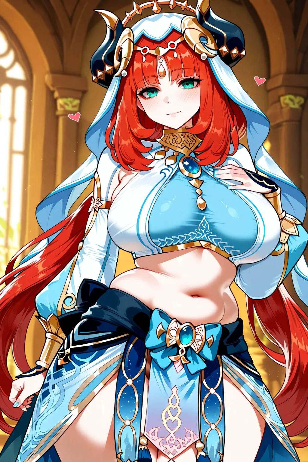 Queen,PAWG,Huge breast,huge hips,curvy body,genshin impact,Nilou, a character from Genshin Impact, wears a white and blue outfit inspired by traditional belly dance costumes and the culture of the Western Regions. Her outfit includes a cropped top, a low-waist skirt, and various golden and blue ornaments. She also wears a white veil with a gold laurel wreath and a heart-shaped tassel, adorned with lavender flowers. Her Hydro Vision is attached to a large blue band on the back of her skirt. 