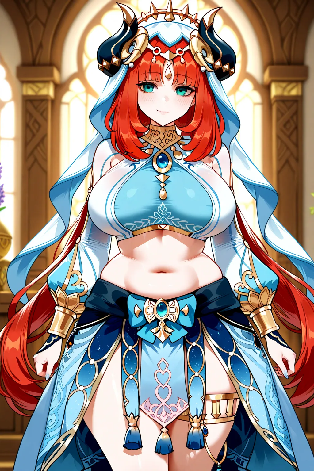 Queen,PAWG,Huge breast,huge hips,curvy body,genshin impact,Nilou, a character from Genshin Impact, wears a white and blue outfit inspired by traditional belly dance costumes and the culture of the Western Regions. Her outfit includes a cropped top, a low-waist skirt, and various golden and blue ornaments. She also wears a white veil with a gold laurel wreath and a heart-shaped tassel, adorned with lavender flowers. Her Hydro Vision is attached to a large blue band on the back of her skirt. 