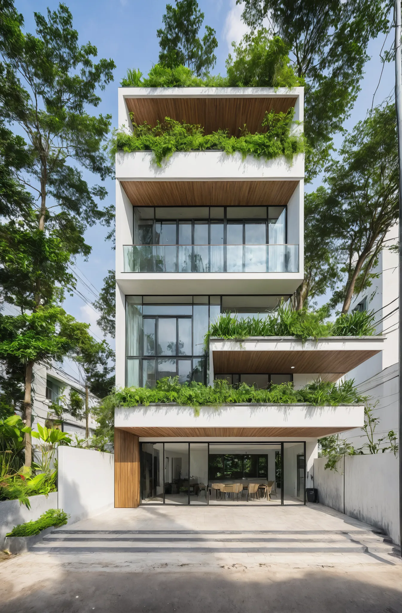 A 5-storey house in Hanoi, captured in the fresh morning light. This modern house showcases a mixture of white paint, large glass space, accents of concrete and blue wood, surrounded by greenery and stone details. Designed by Vo Trong Nghia, the house exud...