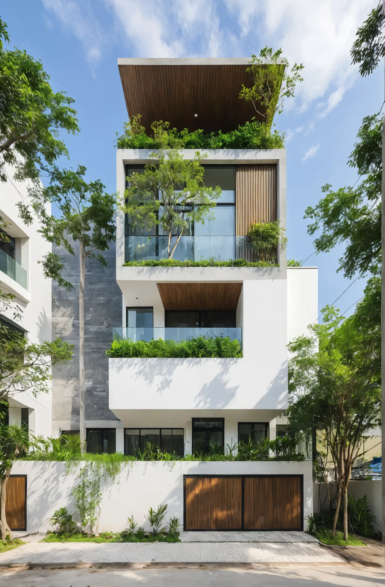 A 5-storey house in Hanoi, captured in the fresh morning light. This modern house showcases a mixture of white paint, large glass space, accents of concrete and blue wood, surrounded by greenery and stone details. Designed by Vo Trong Nghia, the house exud...