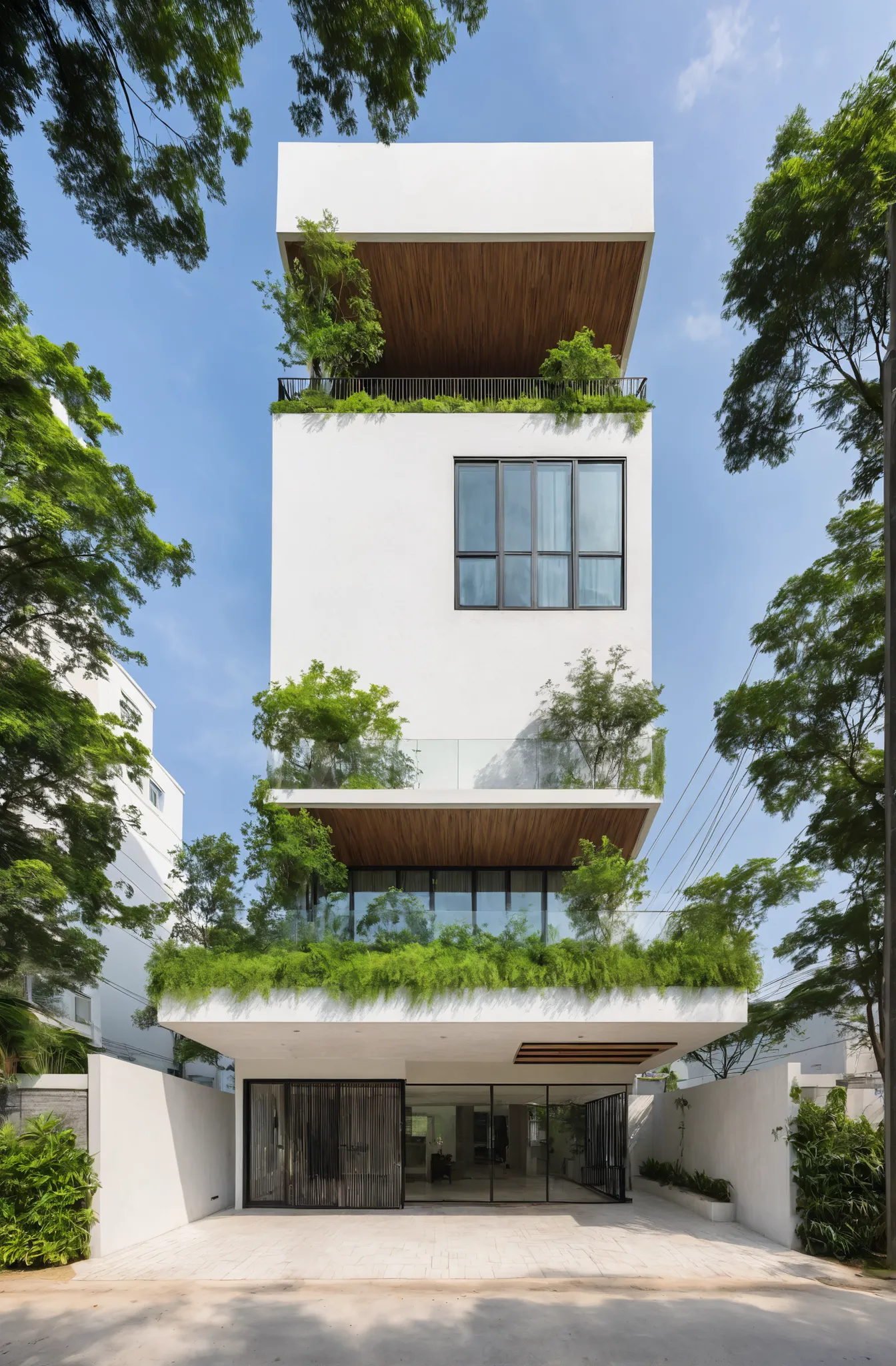 A 5-storey house in Hanoi, captured in the fresh morning light. This modern house showcases a mixture of white paint, large glass space, accents of concrete and blue wood, surrounded by greenery and stone details. Designed by Vo Trong Nghia, the house exud...