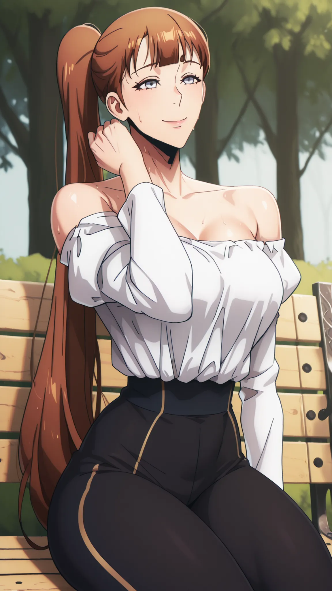 Lee Joohee_Solo Leveling, high ponytail, long brown hair, blue eyes, smile, white off-the-shoulder blouse, long sleeves, puffed shoulders, long black skinny pants, big breasts, sexy thighs, slit, light wind, drenched in sweat, cute pose, sitting on a bench...