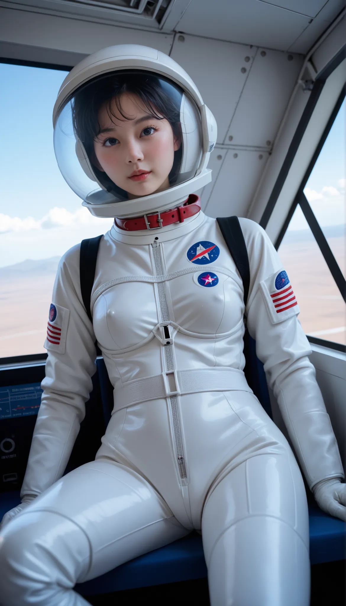 (spacesuit:1.15), , space ooking at the audience,,helmet,lushing, , small breasts, , (airplane cockpit), (in flight),(sky view):, cocpit, space, masterpiece, best quality, 1girl, solo, , looking at the audience, bed, masterpiece, best quality, 1girl, solo,...