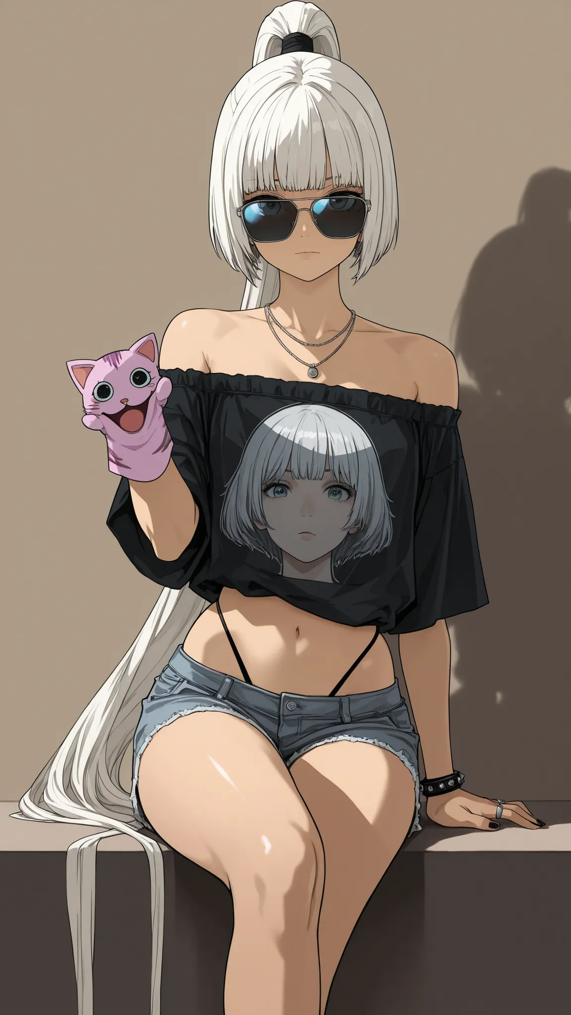 dark_art_style,ultra high definition, perfect quality, fine details, Artistic masterpiece, high quality, Detailed,
1girl, solo{1.3},reflective sunglasses, blue and white gradient short hair, Blue dumb hair{1.2}, blue pupil, bobcut hair,High end ponytail lo...
