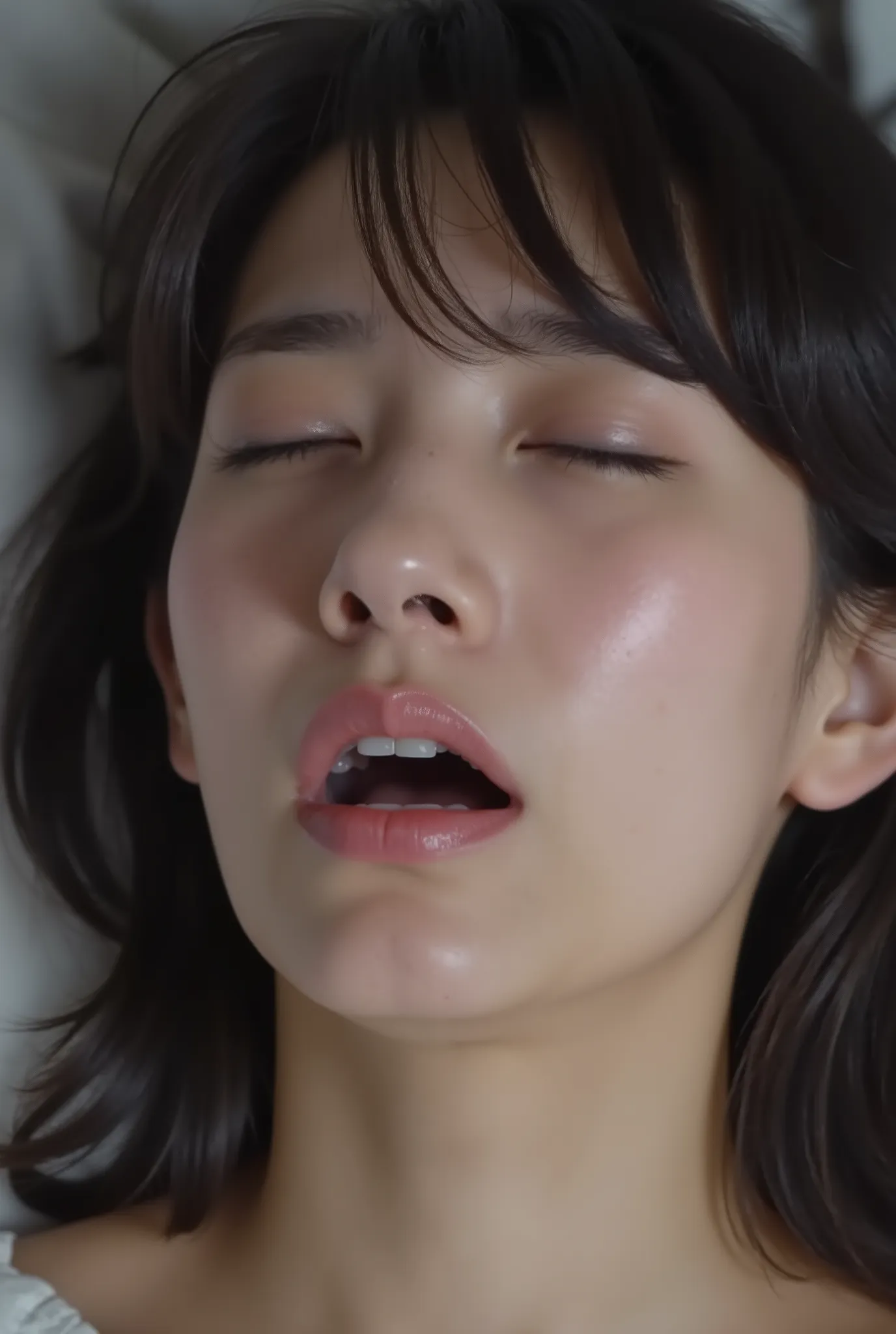 23 year old Japanese woman with her eyes slightly open, Upper Body Pictures, Looking up, climax expression that comes from sexual satisfaction, closes her eyes, Mouth opening, sobbing, sweaty skin by SJRW, ((crying face, grimace, closes her eyes, open mout...