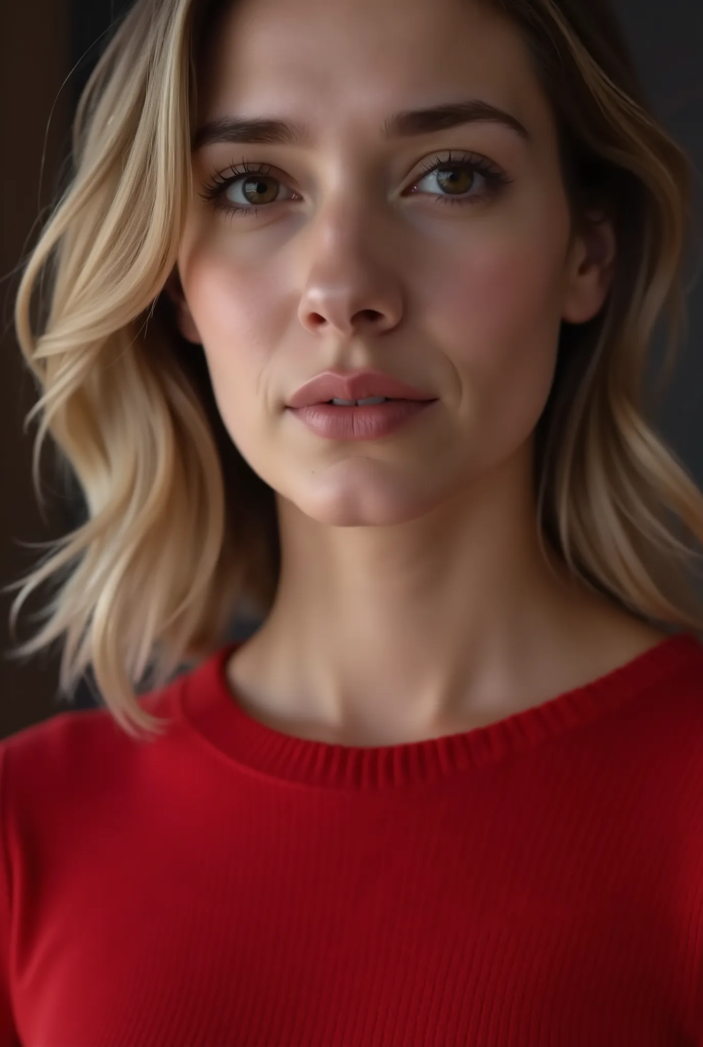 Mathieu Piece, best quality, illustration, ultra detailed, fine, high resolution, 8K Wallpaper, Perfect Dynamic Composition, beautiful detailed eyes,  natural lips in fine detail, red knit dress , big boobs, Disconnect