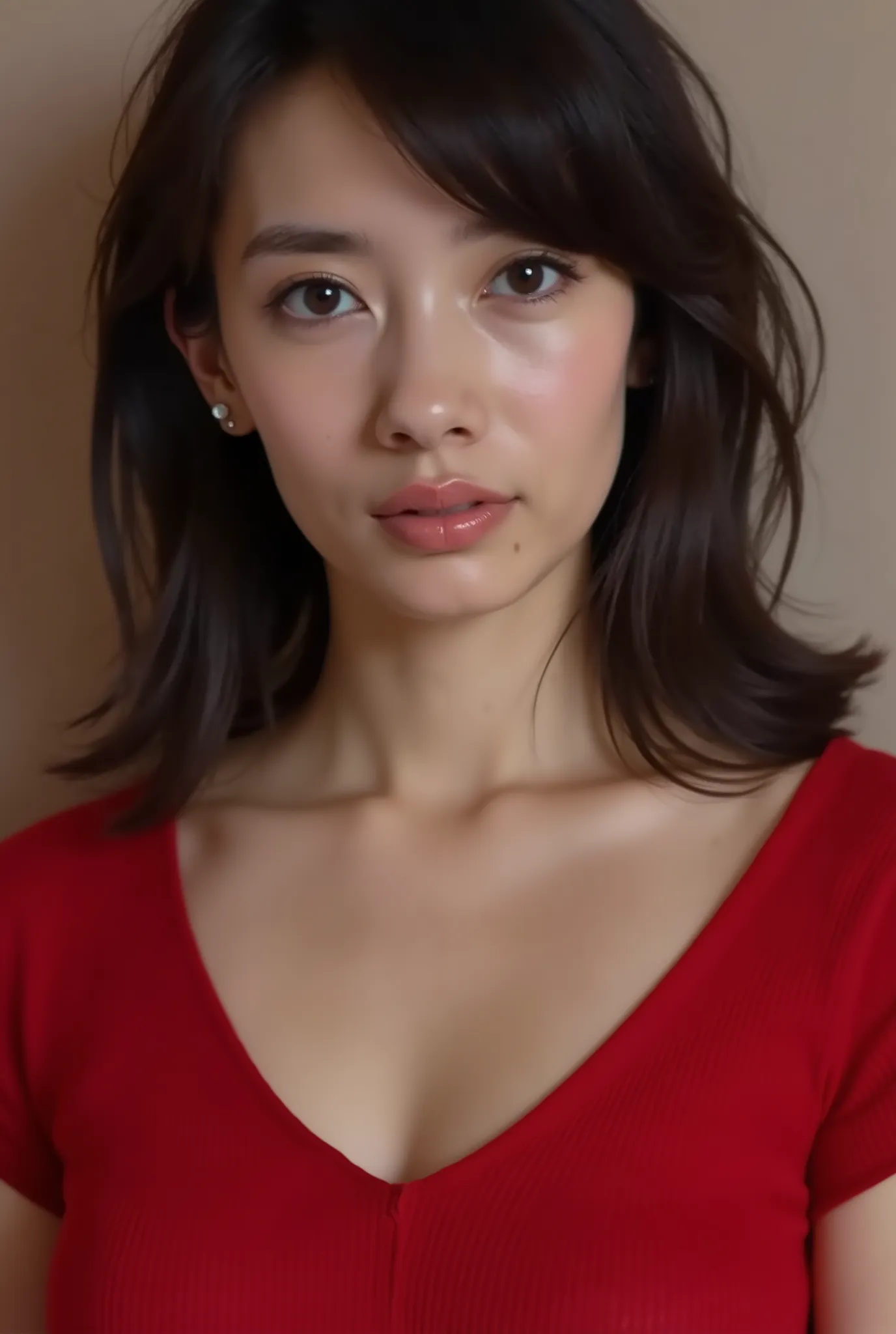 Mathieu Piece, best quality, illustration, ultra detailed, fine, high resolution, 8K Wallpaper, Perfect Dynamic Composition, beautiful detailed eyes,  natural lips in fine detail, red knit dress , big boobs, Disconnect