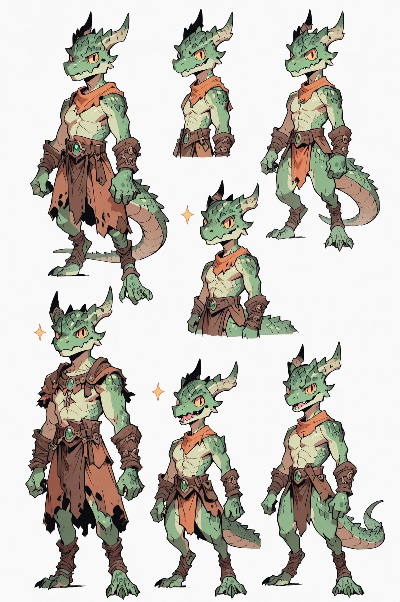 Three( male, green skin, green scales, (((Kobold)), (detailed kobold)) wearing a adventure equipament , a barbarian clothes , character design,
