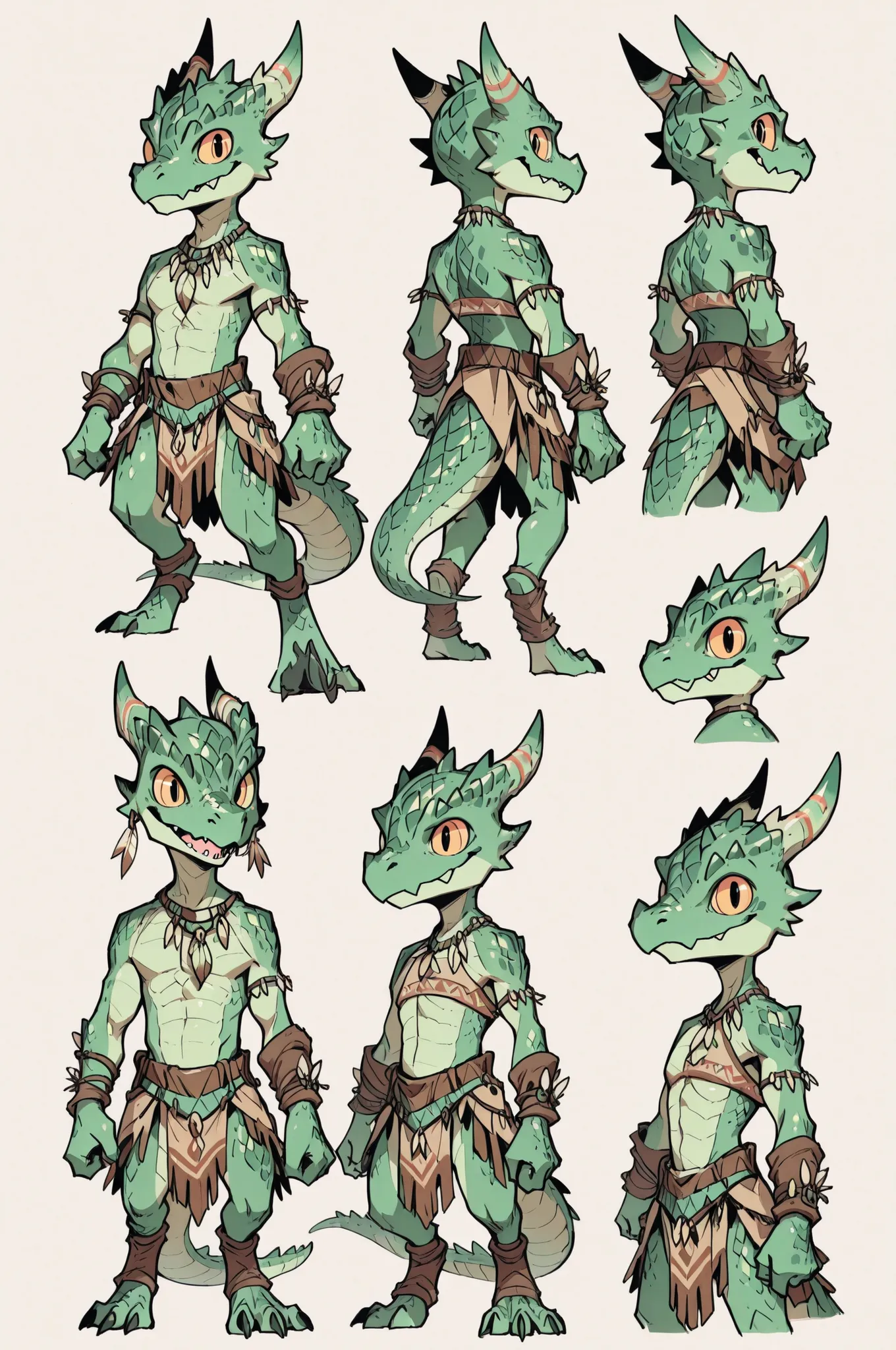 Three( male, green skin, green scales, (((Kobold)), (detailed kobold)) wearing a adventure equipament , a tribal clothes , character design,