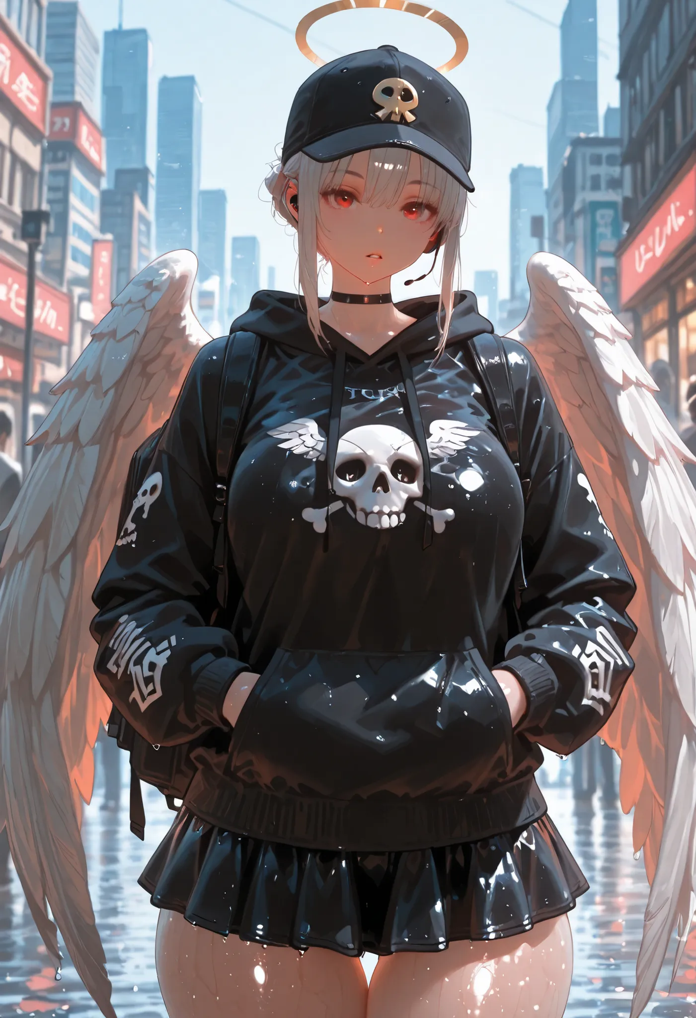 masterpiece,best quality,amazing quality, absurdres, <lora:dreikoo_style_ilxl_0.1:1> dreikoo style, 1girl, thigh gap, earphones, baseball cap, looking at viewer, outdoors, wet, parted lips, standing, long pinkish wings, angel, feathers, black skirt, thick ...