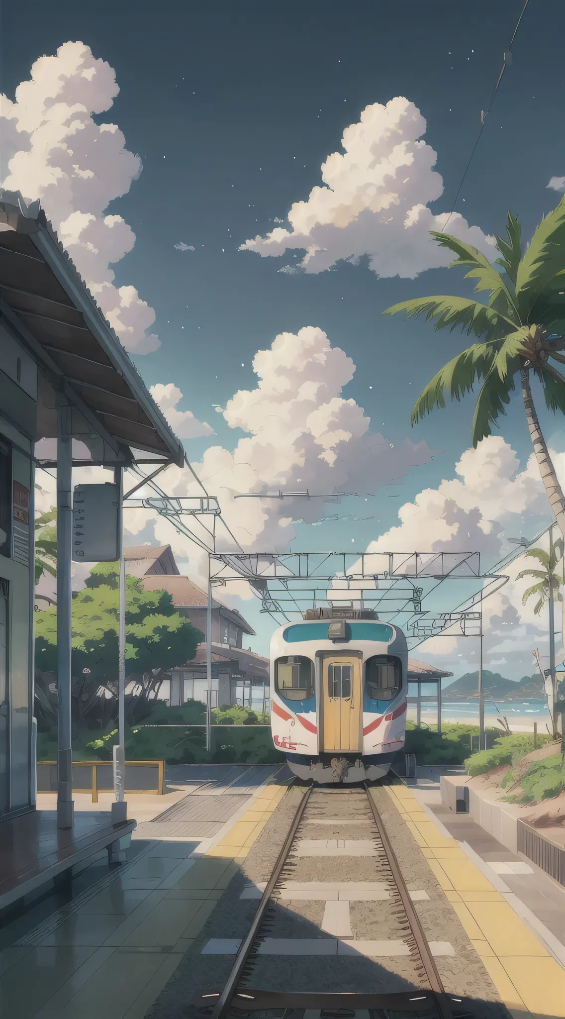 landscape, vntrainstation, train, coconut tree, bokeh, anime style, beach, cloudy, blue sky, 