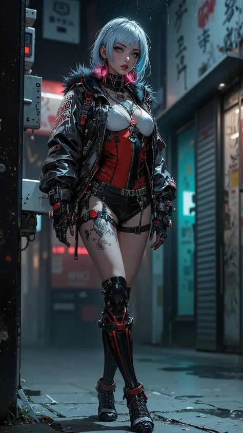 Female cybernetic prostitute standing on a sidewalk head turned looking out into the street, (side view: 1.2), full body view, voluptuous body, perfect body, robot parts, robotic joints, Cyber doll look, robotic neck up to jawline and base of skull, Cyberp...