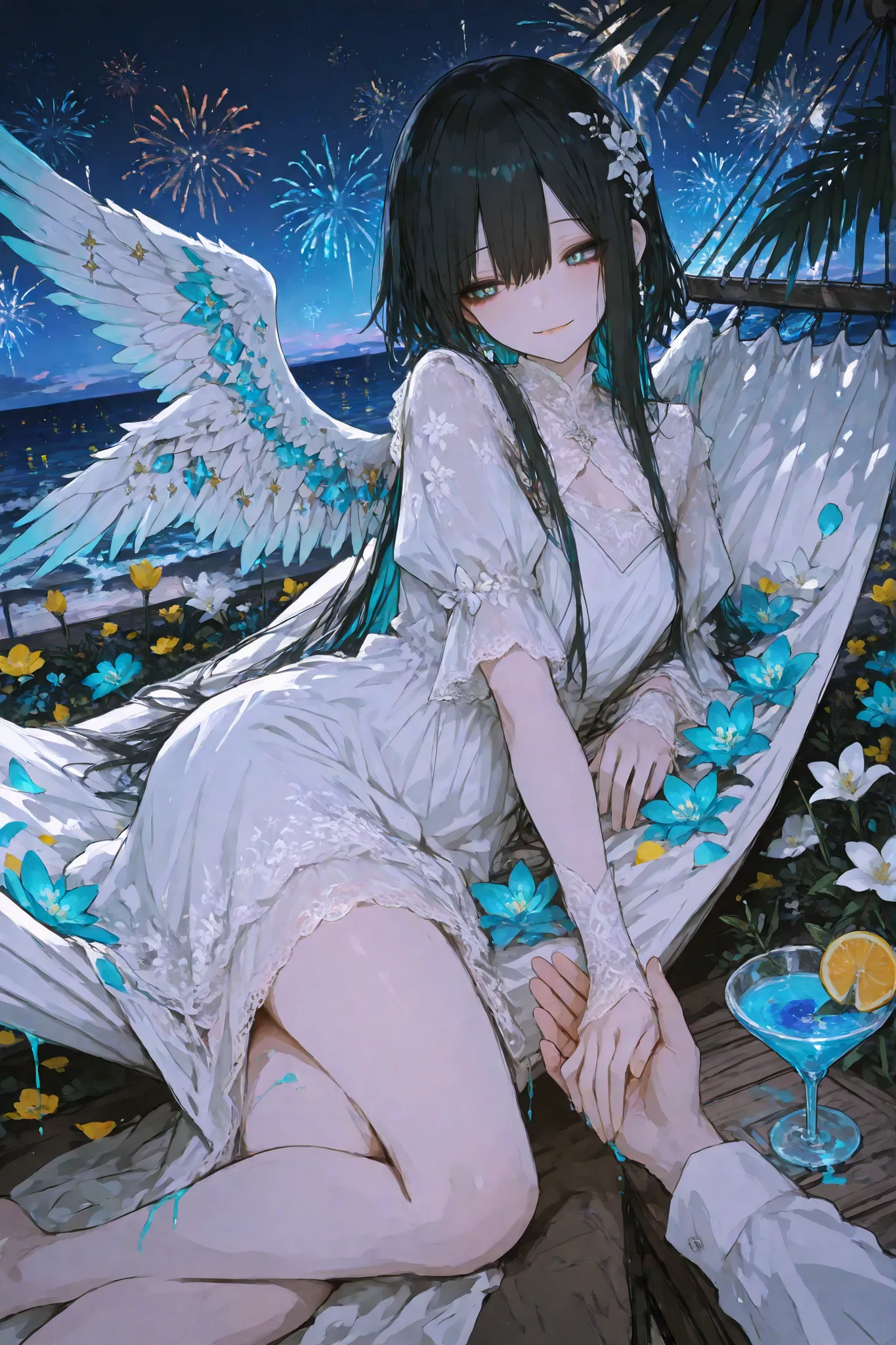 masterpiece, best quality, ultra-detailed,r17329_illu,usnr,dark gothic, a graceful Cute girl with angelic wings lounging on a hammock, her elegant white dress adorned with lace and floral accents, she holds a delicate cocktail glass in her hand, the drink ...