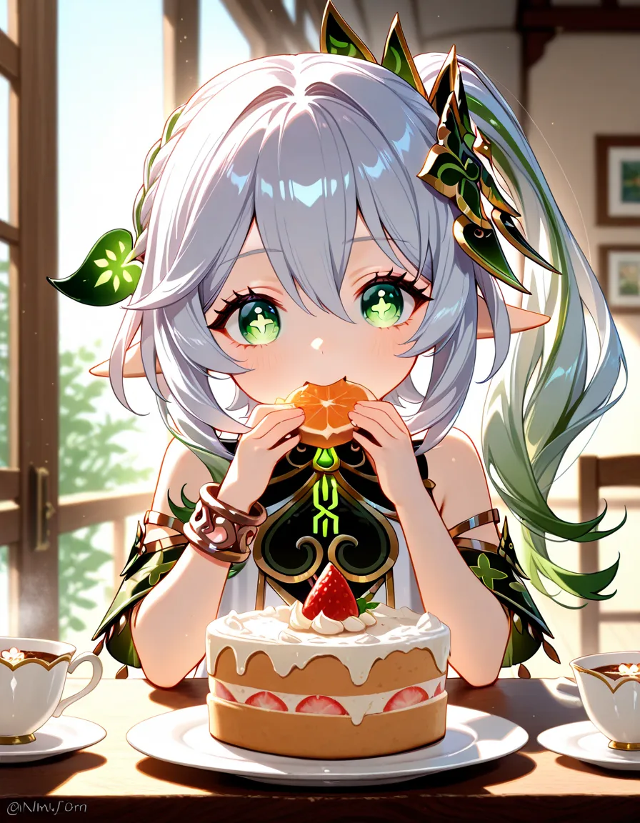 HDR,dynamic lighting,daytime cafe terrace,nahida \(genshin impact\) eating big fruits cake,((masterpiece, best quality, extremely detailed, absurdres))