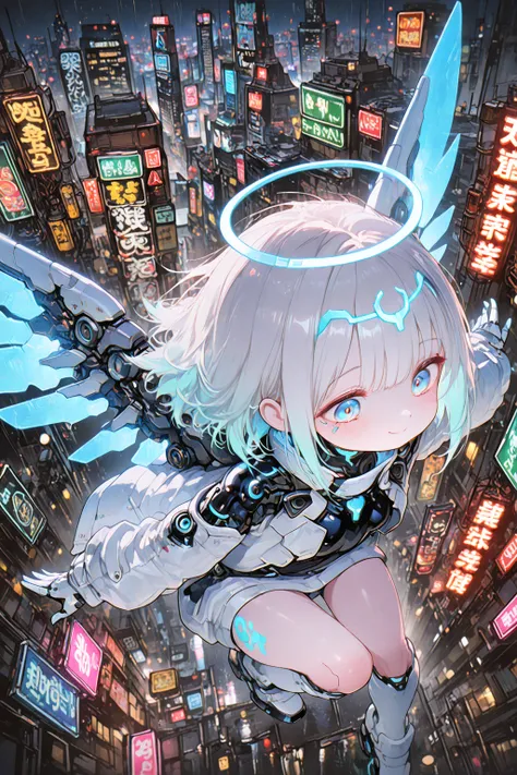 Mechanical Creatures,Cute,(best quality), (masterpiece), (ultra detailed), 1girl, solo, cute girl, (white short bob hair), (blue eyes), (slight smile), (content expression), (white futuristic outfit), (sleek white clothing), (glowing accents), (mechanical wings:1.4), (intricate metallic wings), (glowing blue energy conduits on wings), (glowing white circlet floating above head), (futuristic halo-like device),
(flying high above cyberpunk city), (looking down at city), (cityscape below), (bird's eye view), (aerial view),
(neon lights), (towering skyscrapers), (flying vehicles), (rainy streets reflecting light), (holographic advertisements), (dark and moody atmosphere), (volumetric fog), (dramatic lighting), (night scene), (looking at viewer), (direct gaze)