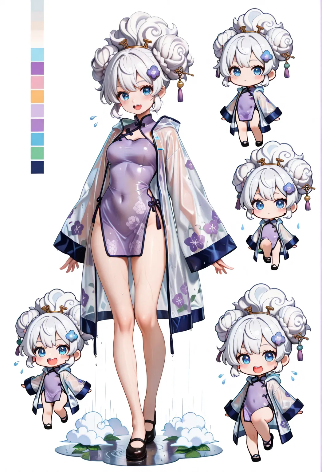 score_9, score_8_up, score_7_up, masterpiece, highest quality, perfect features, highest resolution, 8K, amazing quality, narrow eyes, clear eyes, 1girl, solo, ((chibi)), short, (bun hair), ((bun hair with cloud pattern, big cloud hair ornaments on both sides, rain-like drops flowing from the cloud hair ornaments, 💧 hairpin)), white hair with purple stripes, medium hair, double teeth, narrow eyes, blue eyes, short hair, purple cheongsam, hydrangea cheongsam, girl in cheongsam, slit, raincoat, translucent raincoat, (large colorful band aid on one knee), CharacterDesignIllustrious,,,reference sheet, simple white background, (color guide:1.2), (multiple views), (full body), dynamic pose, 色々な表情, 喜び, 怒り, 悲しみ, リラックス, 泣く