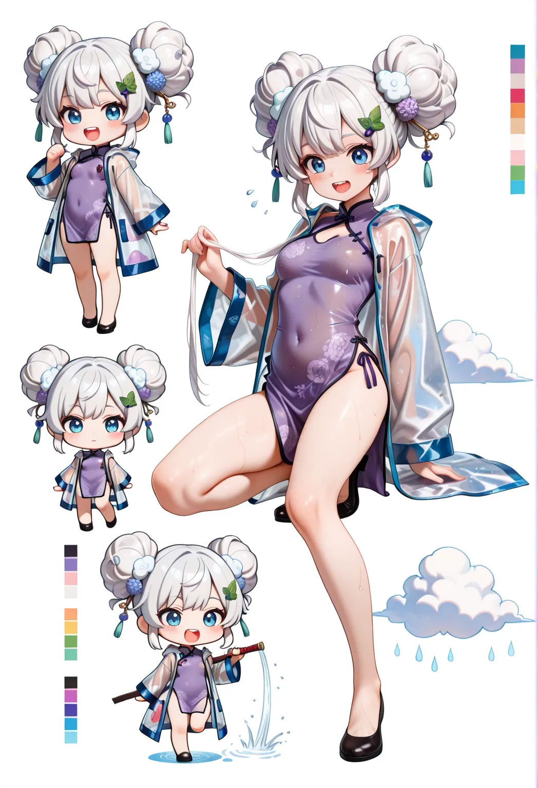 score_9, score_8_up, score_7_up, masterpiece, highest quality, perfect features, highest resolution, 8K, amazing quality, narrow eyes, clear eyes, 1girl, solo, ((chibi)), short, (bun hair), ((bun hair with cloud pattern, big cloud hair ornaments on both sides, rain-like drops flowing from the cloud hair ornaments, 💧 hairpin)), white hair with purple stripes, medium hair, double teeth, narrow eyes, blue eyes, short hair, purple cheongsam, hydrangea cheongsam, girl in cheongsam, slit, raincoat, translucent raincoat, (large colorful band aid on one knee), CharacterDesignIllustrious,,,reference sheet, simple white background, (color guide:1.2), (multiple views), (full body), dynamic pose, 色々な表情, 喜び, 怒り, 悲しみ, リラックス, 泣く