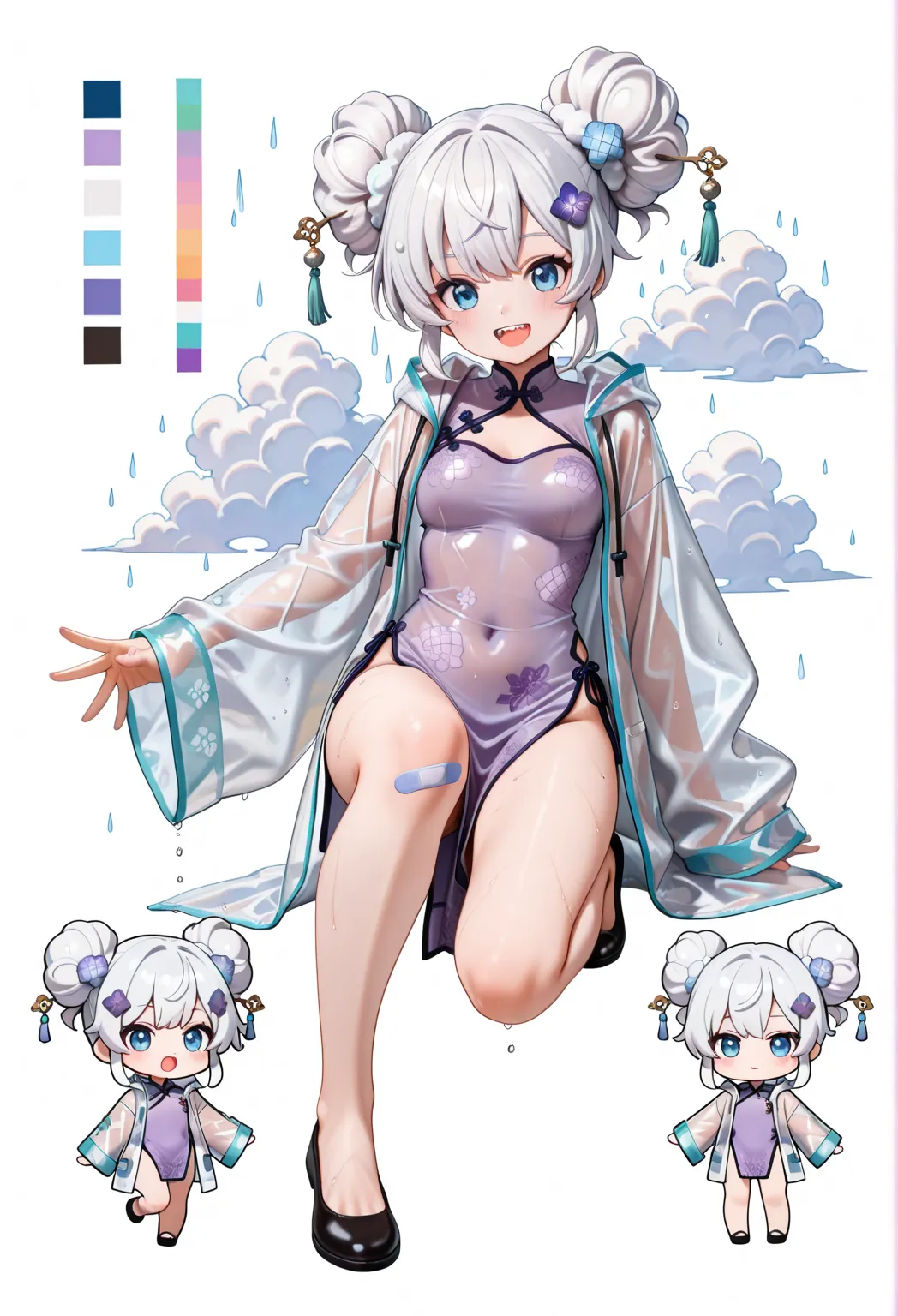 score_9, score_8_up, score_7_up, masterpiece, highest quality, perfect features, highest resolution, 8K, amazing quality, narrow eyes, clear eyes, 1girl, solo, ((chibi)), short, (bun hair), ((bun hair with cloud pattern, big cloud hair ornaments on both sides, rain-like drops flowing from the cloud hair ornaments, 💧 hairpin)), white hair with purple stripes, medium hair, double teeth, narrow eyes, blue eyes, short hair, purple cheongsam, hydrangea cheongsam, girl in cheongsam, slit, raincoat, translucent raincoat, (large colorful band aid on one knee), CharacterDesignIllustrious,,,reference sheet, simple white background, (color guide:1.2), (multiple views), (full body), dynamic pose, 色々な表情, 喜び, 怒り, 悲しみ, リラックス, 泣く