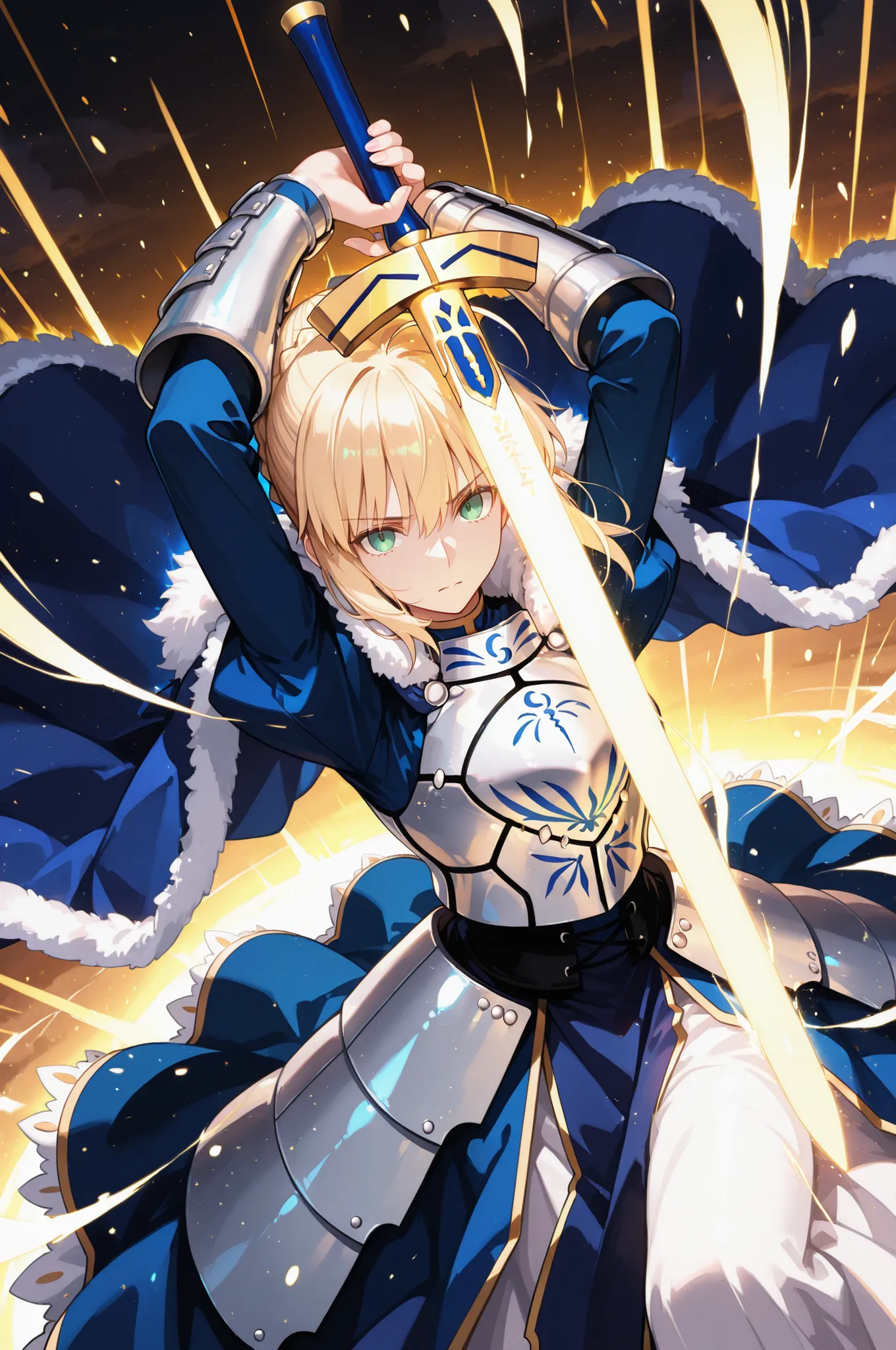 masterpiece, absurdres, amazing quality, aesthetic, newest, 1girl, solo, mature female, looking at viewer,
artoria pendragon \(fate\), blonde hair, green eyes, sidelocks, hair bun, blue dress, armored dress, blue cape, breastplate, fur-trimmed coat, excali...