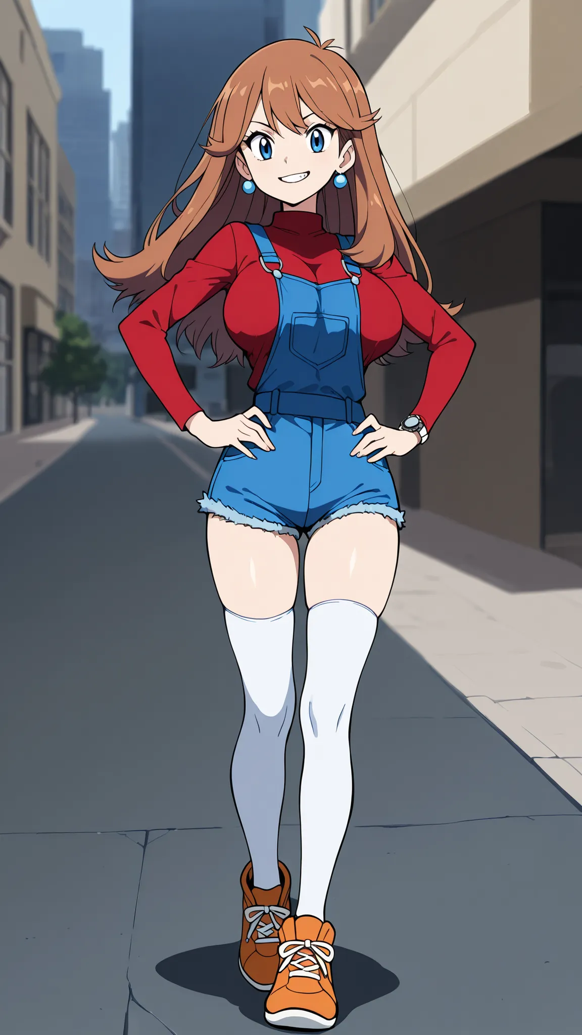 adult older sister, Tall, big boobs, slim sexy body that can be licked by mobs, jam one's hands on one's hips, orange sneakers with hee-cups, bare hands, red long sleeve shirt, blue overalls denim overalls, white knee-high stockings, Absolute region, thig...
