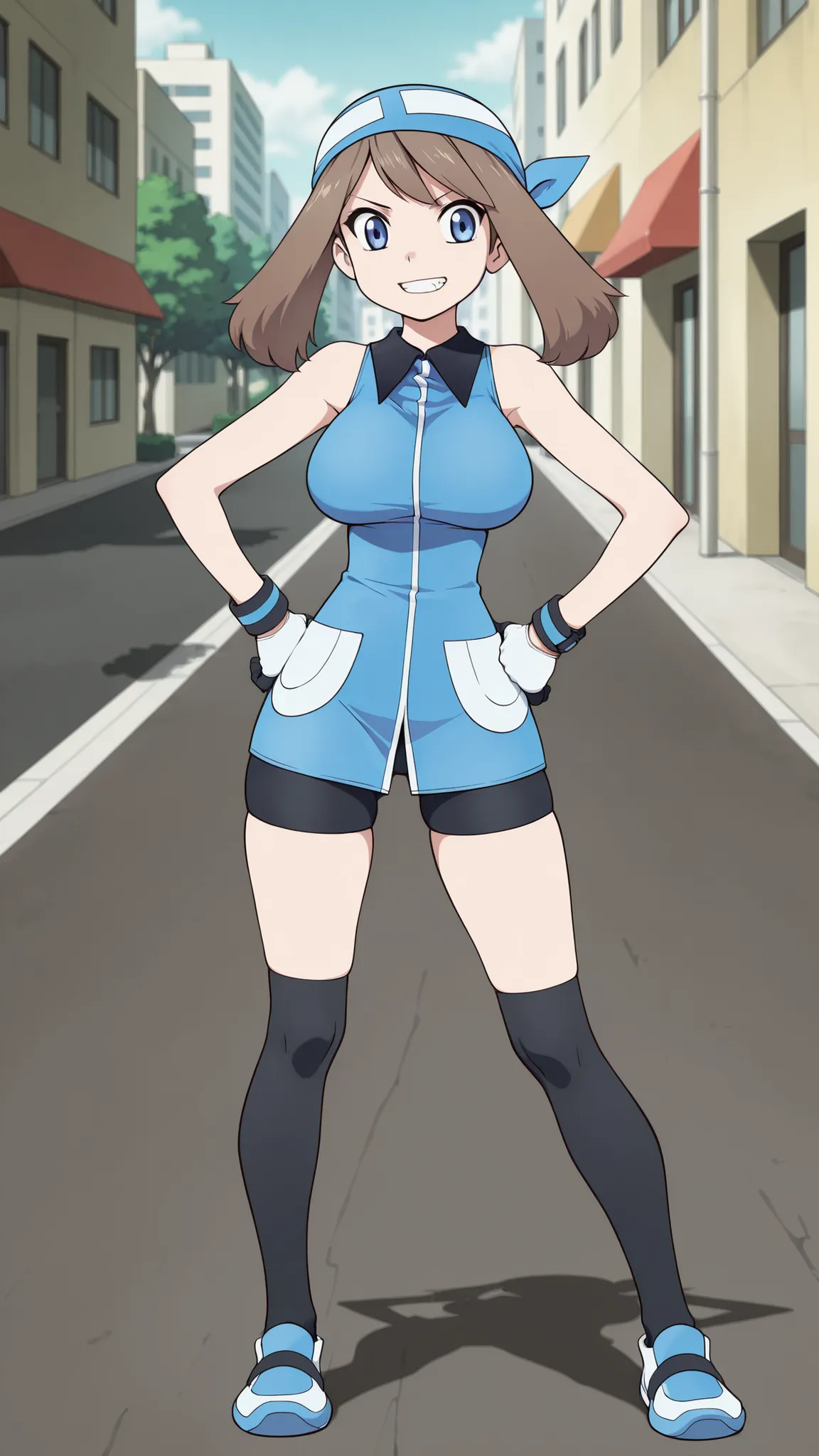 adult older sister, Tall, big boobs,  jam one's hands on one's hips, black knee-high stockings, Absolute region, thighs, Blue shoes, ((top quality)), ((masterpiece)), ((details)), ((anime screenshot, anime cong, )) SapphireBirchILXL, solo, 1girl, two legs,...