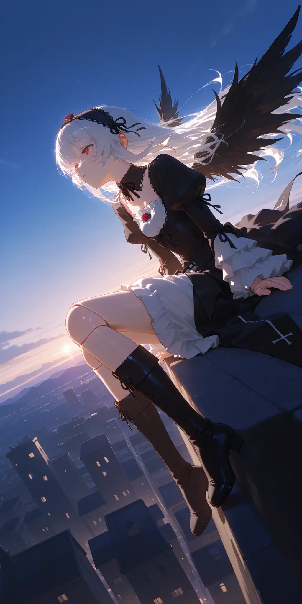 solo,1girl\(suigintou\(rosen maiden\),doll,small, (suigint0u:1.2), doll joints, white hair, long hair,black hairband, black wings,frills, black dress, detached collar, black ribbon, long sleeves, frilled sleeves, puffy sleeves,long boots,cute,lonely\).sitt...