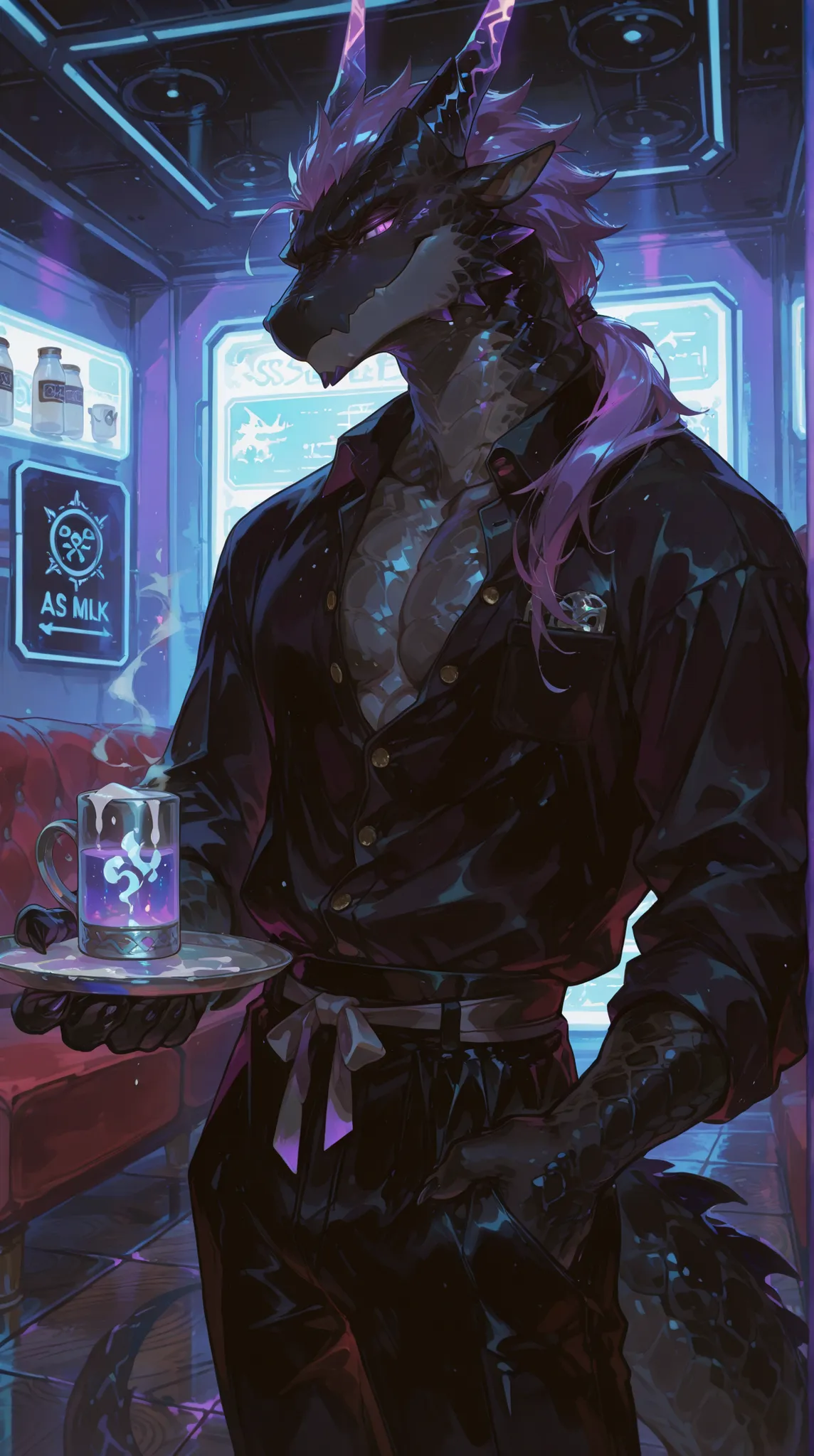 (masterpiece, best quality, 8K resolution, HDR, sharp focus, vibrant colors, anime cel-shading style: Semi-realistic anime with detailed furry features), 1boy, solo focus, black dragon, mature male, muscular physique, powerful build, broad shoulders, (matt...