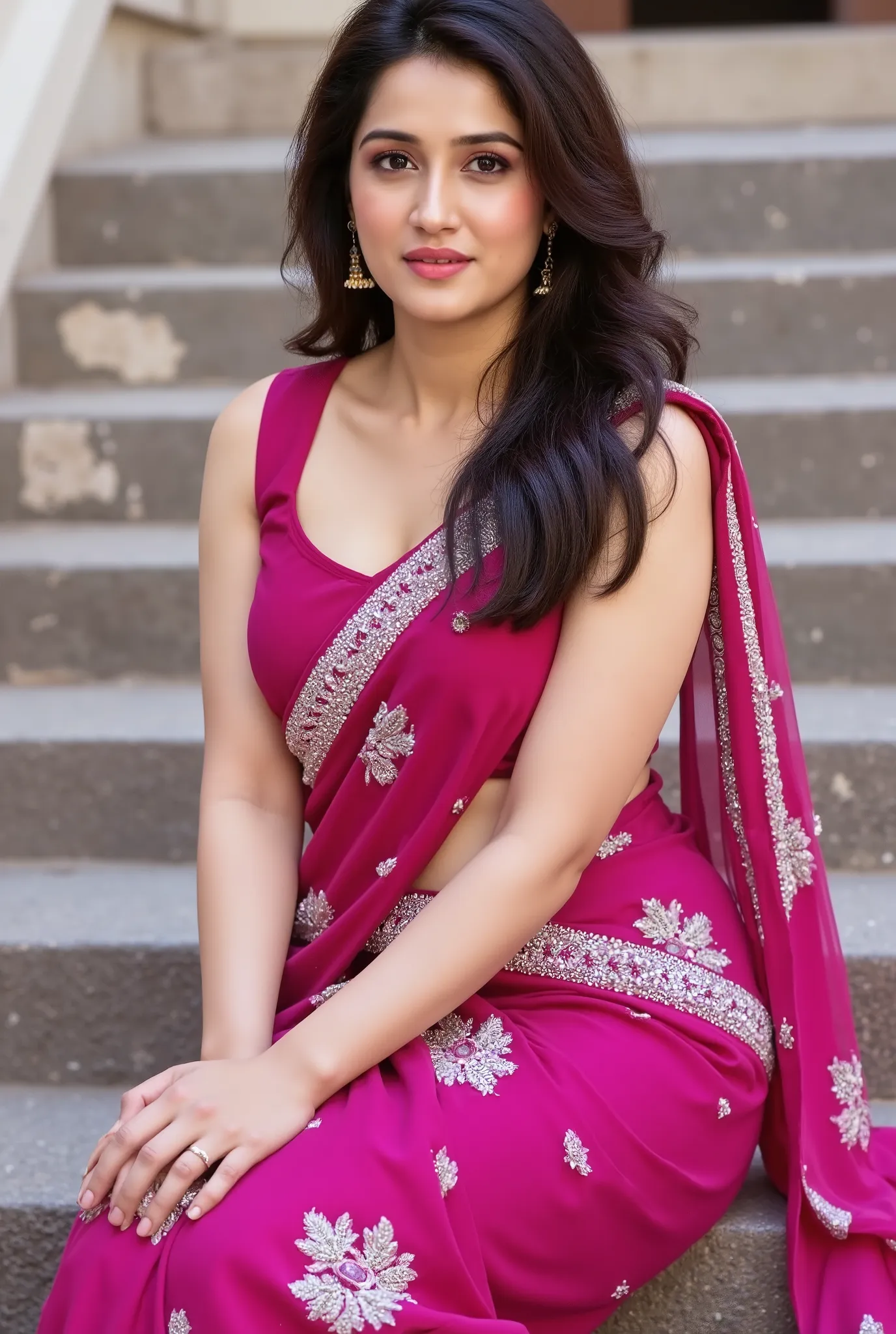 A stunning Indian woman sitting gracefully on stone steps, wearing a luxurious magenta saree with silver embroidery and a deep neckline blouse. Her face is not detailed but suggests a confident, graceful, and subtly bold expression through posture and body...
