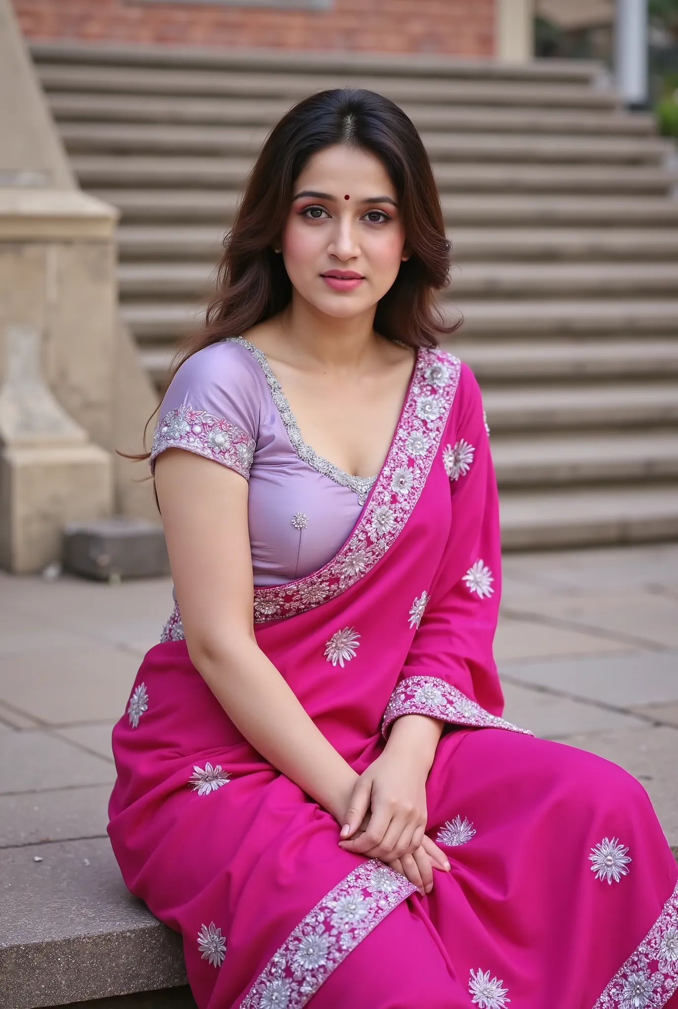 A stunning Indian woman sitting gracefully on stone steps, wearing a luxurious magenta saree with silver embroidery and a deep neckline blouse. Her face is not detailed but suggests a confident, graceful, and subtly bold expression through posture and body...