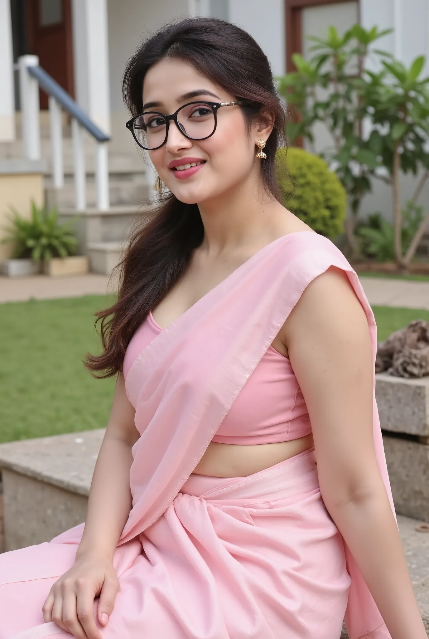 "A beautiful young woman wearing a soft pink saree with elegant draping, seated outdoors in natural sunlight. She has a graceful posture, wears stylish black-rimmed eyeglasses, and has a confident, gentle expression. Her hair is tied back in a neat ponytai...