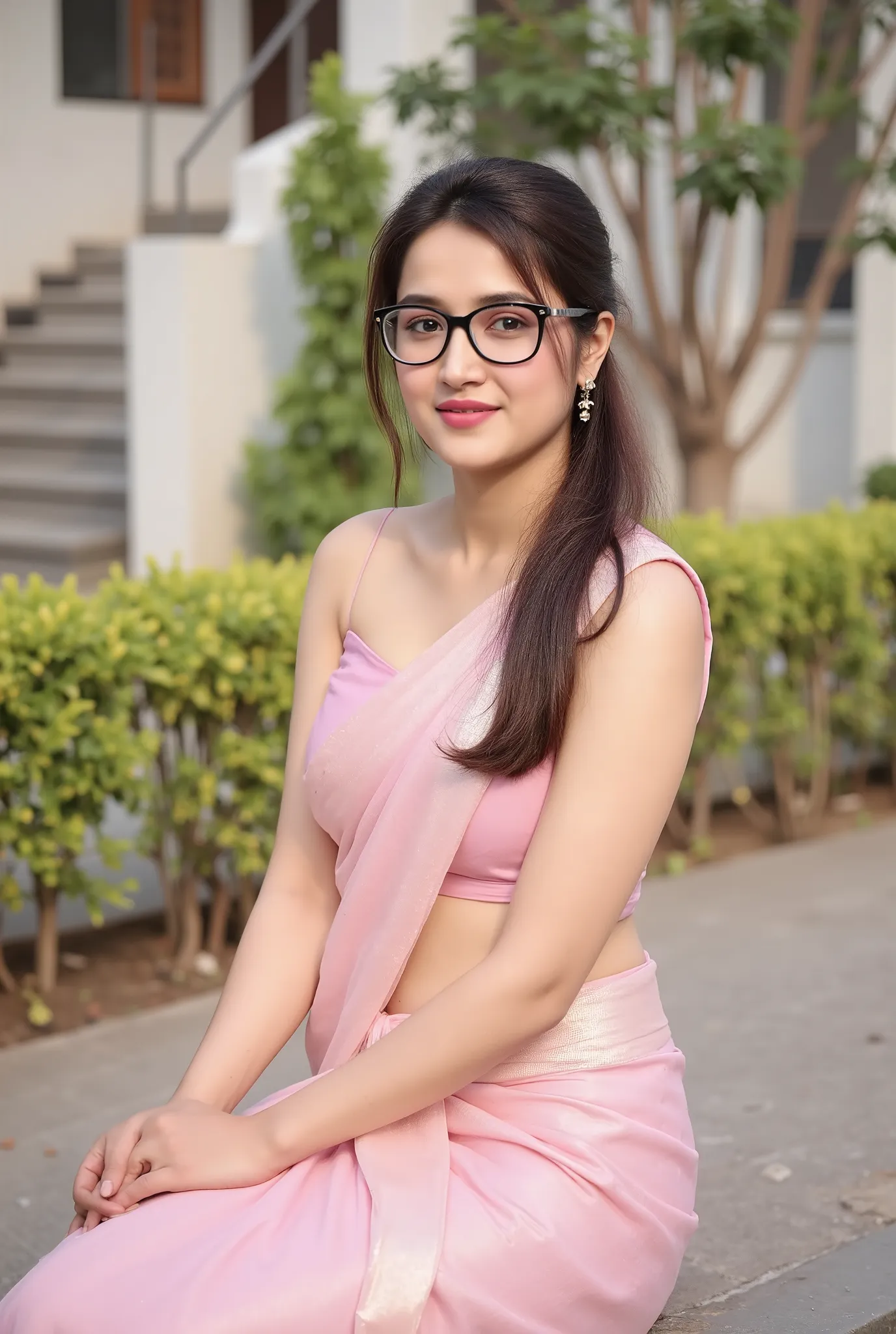"A beautiful young woman wearing a soft pink saree with elegant draping, seated outdoors in natural sunlight. She has a graceful posture, wears stylish black-rimmed eyeglasses, and has a confident, gentle expression. Her hair is tied back in a neat ponytai...