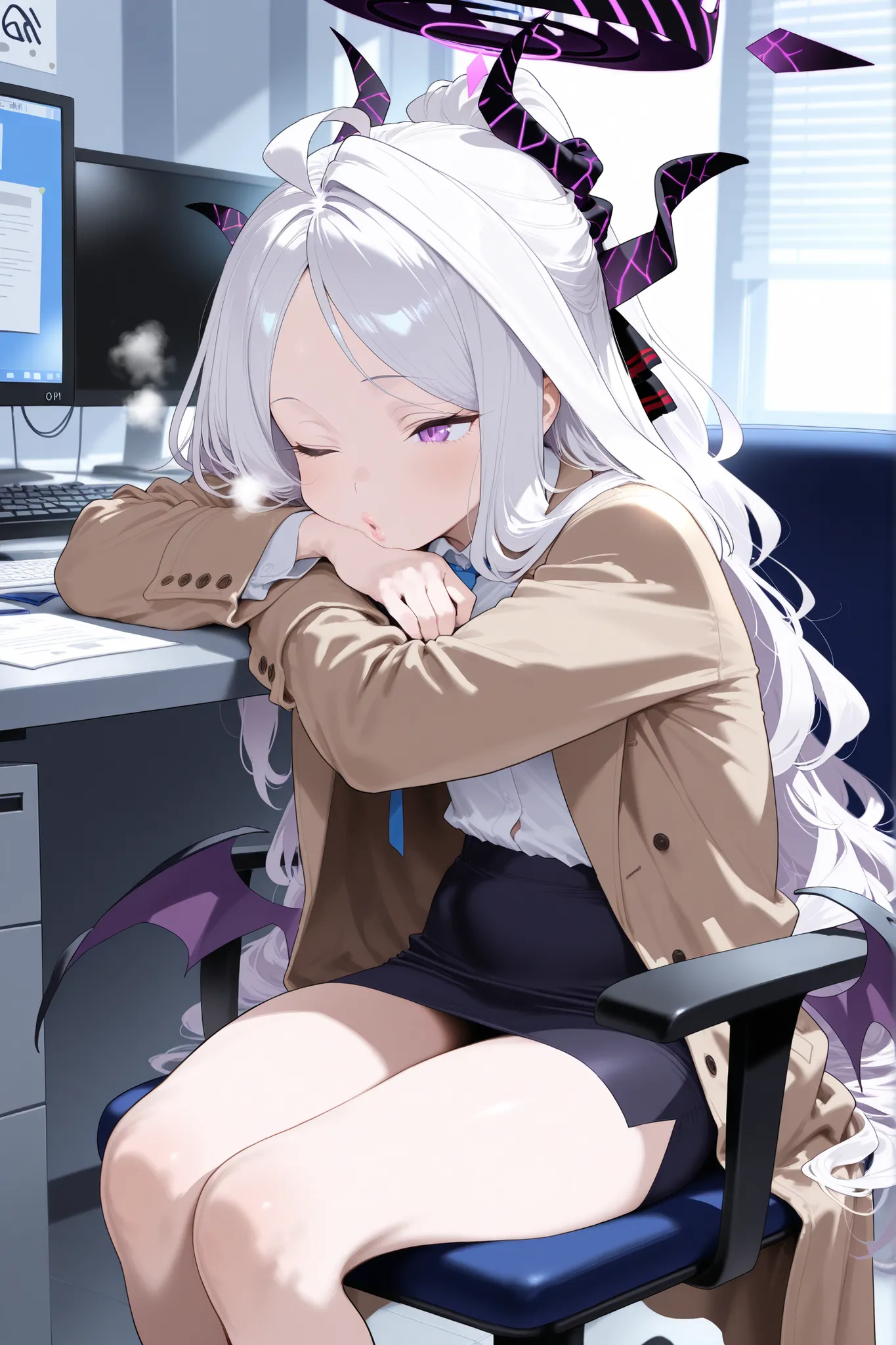 (masterpiece),high res, 4k, UHD, hina(blue_archive), a girl wakes up on her desk after finishing her work on office, lips, thin clothes, thighs, smelly, messy face, morning, gasp, sitting on chair, yawn, lips, one eye open, young, waist wings, hand support...