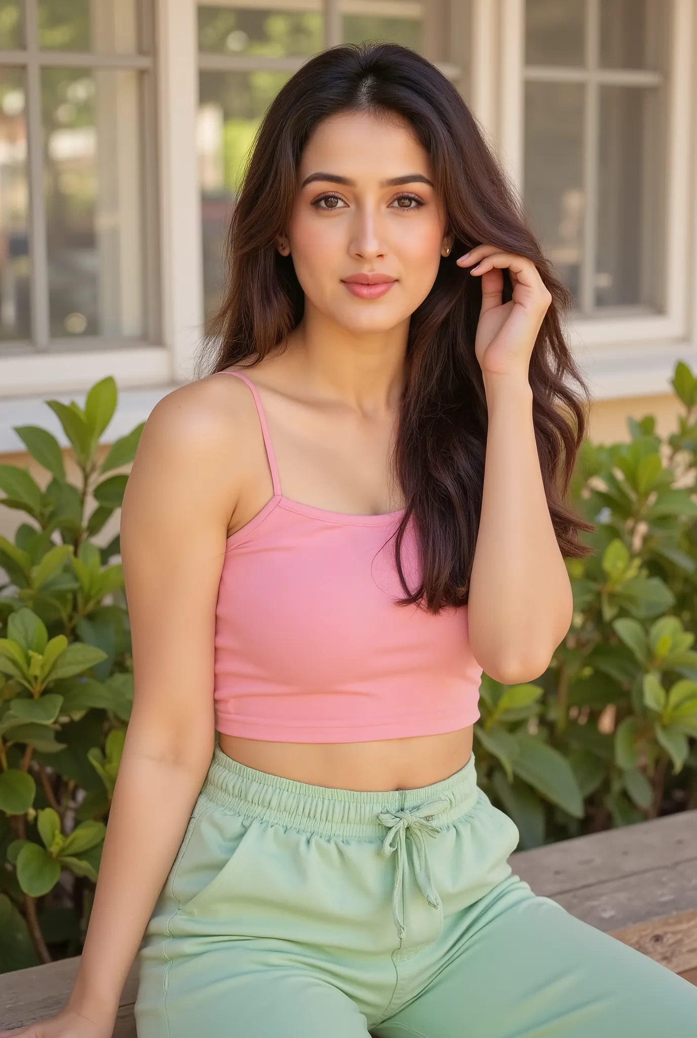 "A young woman sitting confidently on a wooden bench in bright natural sunlight. She is wearing a fitted pink spaghetti-strap top paired with light green jogger-style pants. Her posture is relaxed yet alluring, with one hand gently touching her long, flowi...