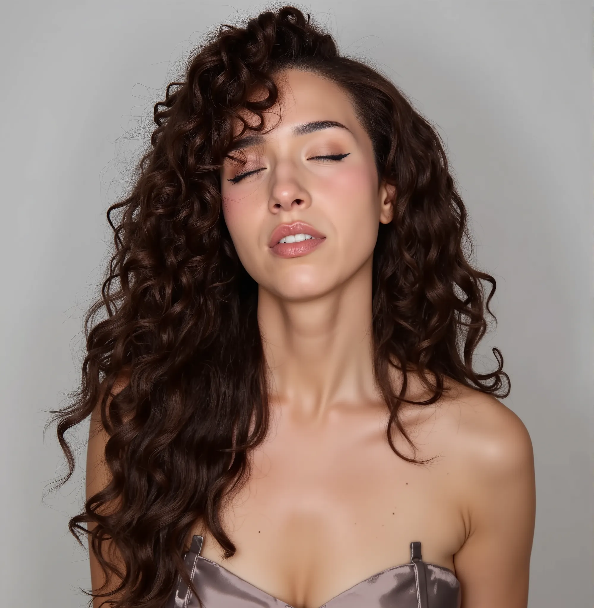 pokimane, A studio photography of a beautiful woman with her eyes closed, shot on sony a7riv camera, indoor, soft diffused studio lighting, minimalistic, photorealism, 4k resolution, ultra high quality, realistic proportions, low contrast, face focused, th...
