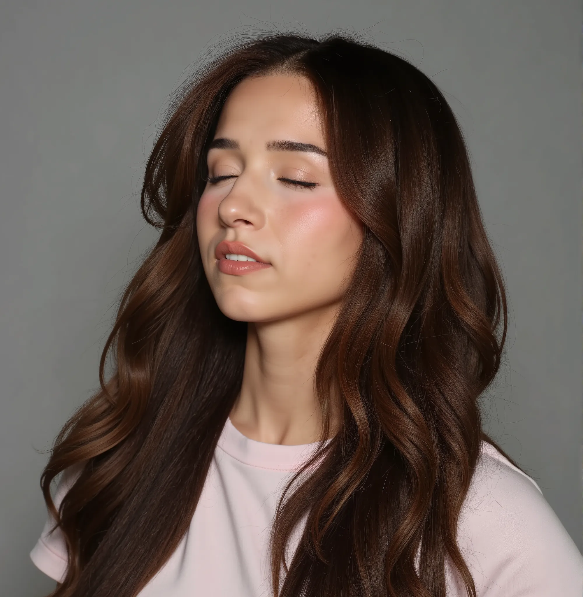 pokimane, A studio photography of a beautiful woman with her eyes closed, shot on sony a7riv camera, indoor, soft diffused studio lighting, minimalistic, photorealism, 4k resolution, ultra high quality, realistic proportions, low contrast, face focused, th...