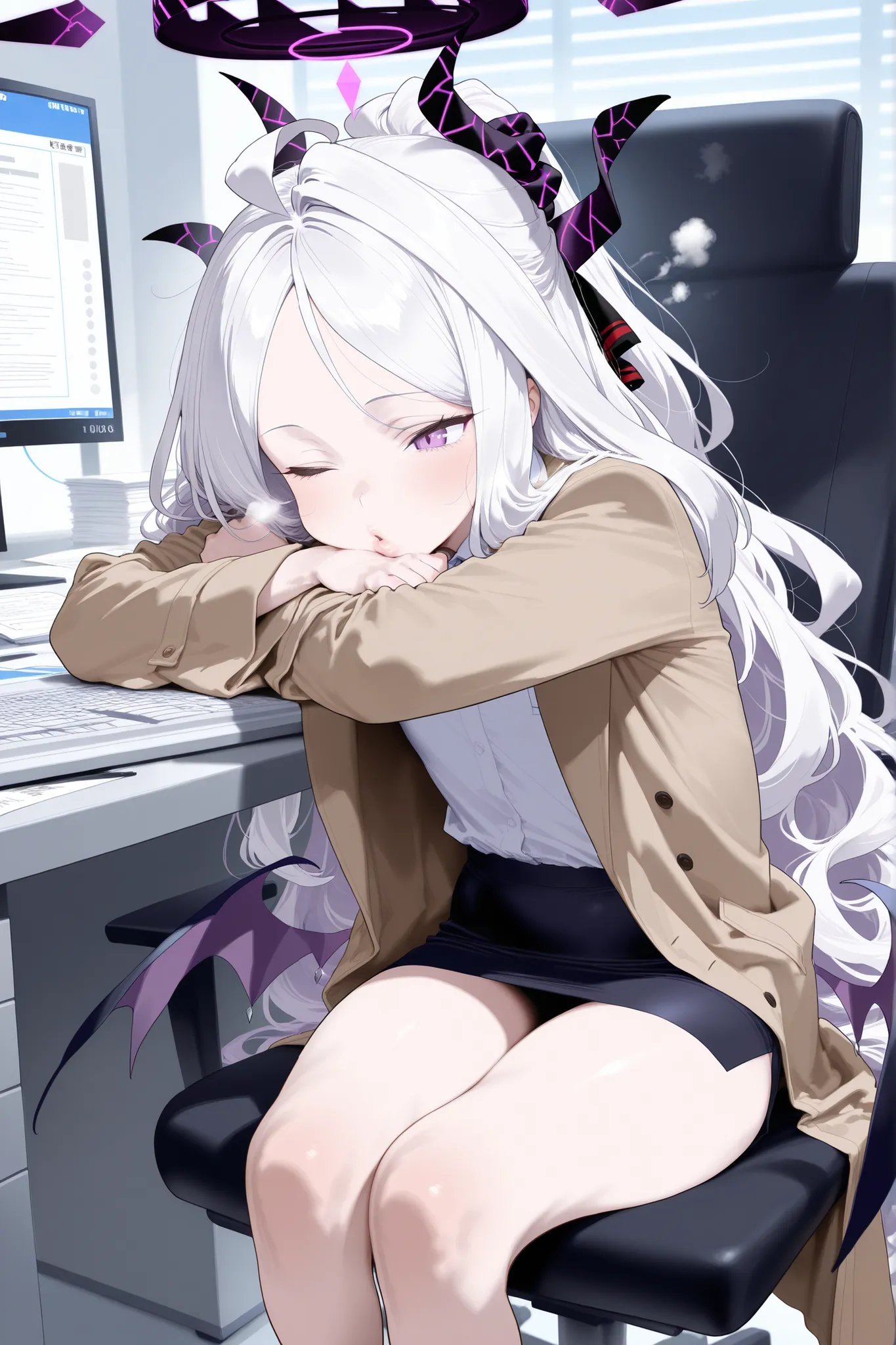 (masterpiece),high res, 4k, UHD, hina(blue_archive), a girl wakes up on her desk after finishing her work on office, lips, thin clothes, thighs, smelly, messy face, morning, gasp, sitting on chair, yawn, lips, one eye open, young, waist wings, hand support...