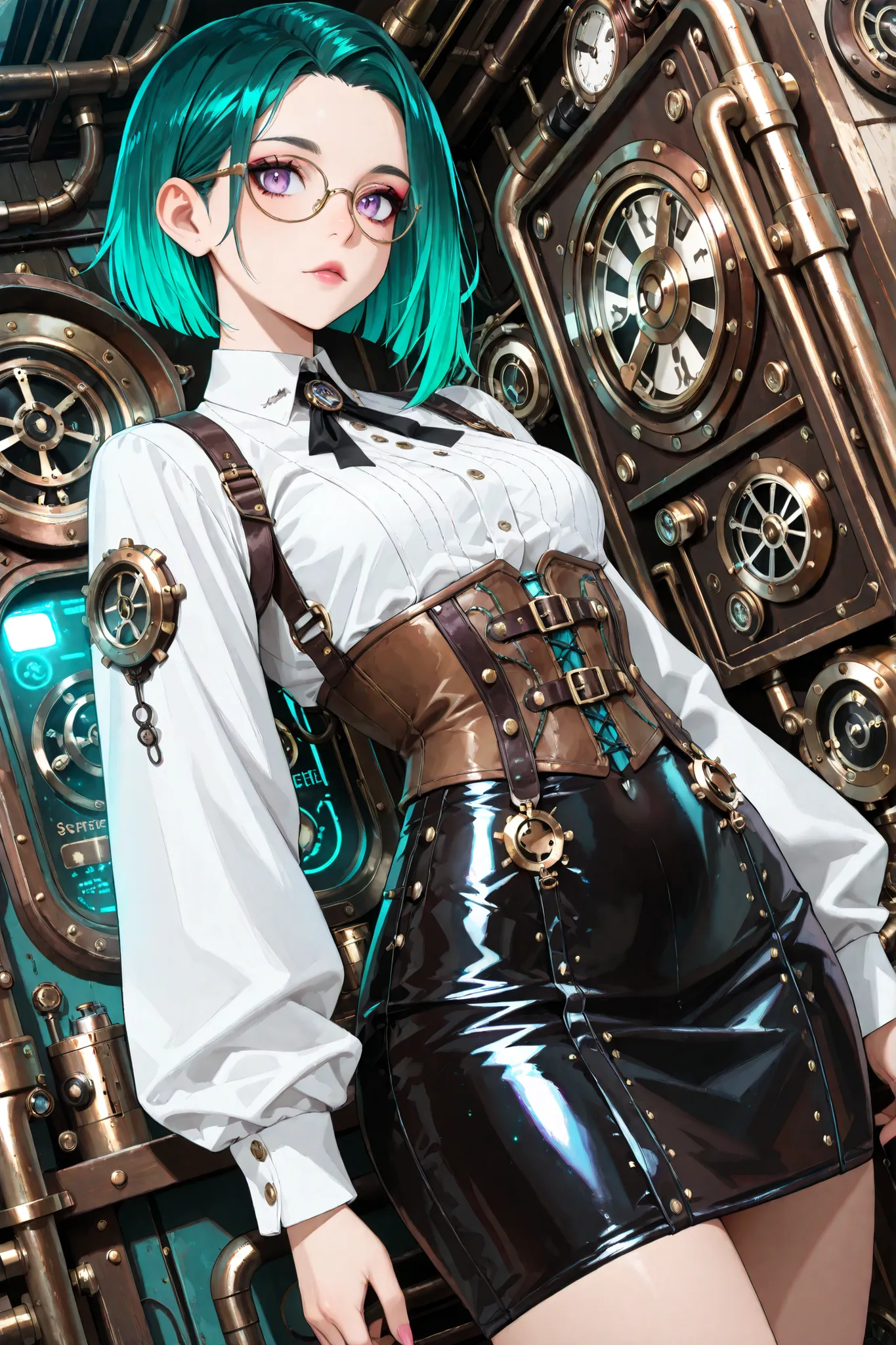 ((Superior quality,UHD,Masterpeice)), Anime style illustration, female with glasses, steampunk style, short green hair, pretty detailed purple eyes, corset, tight skirt, neo-goth elements mixed with steampunk style, science-core, kawaii-core, makeup, intri...