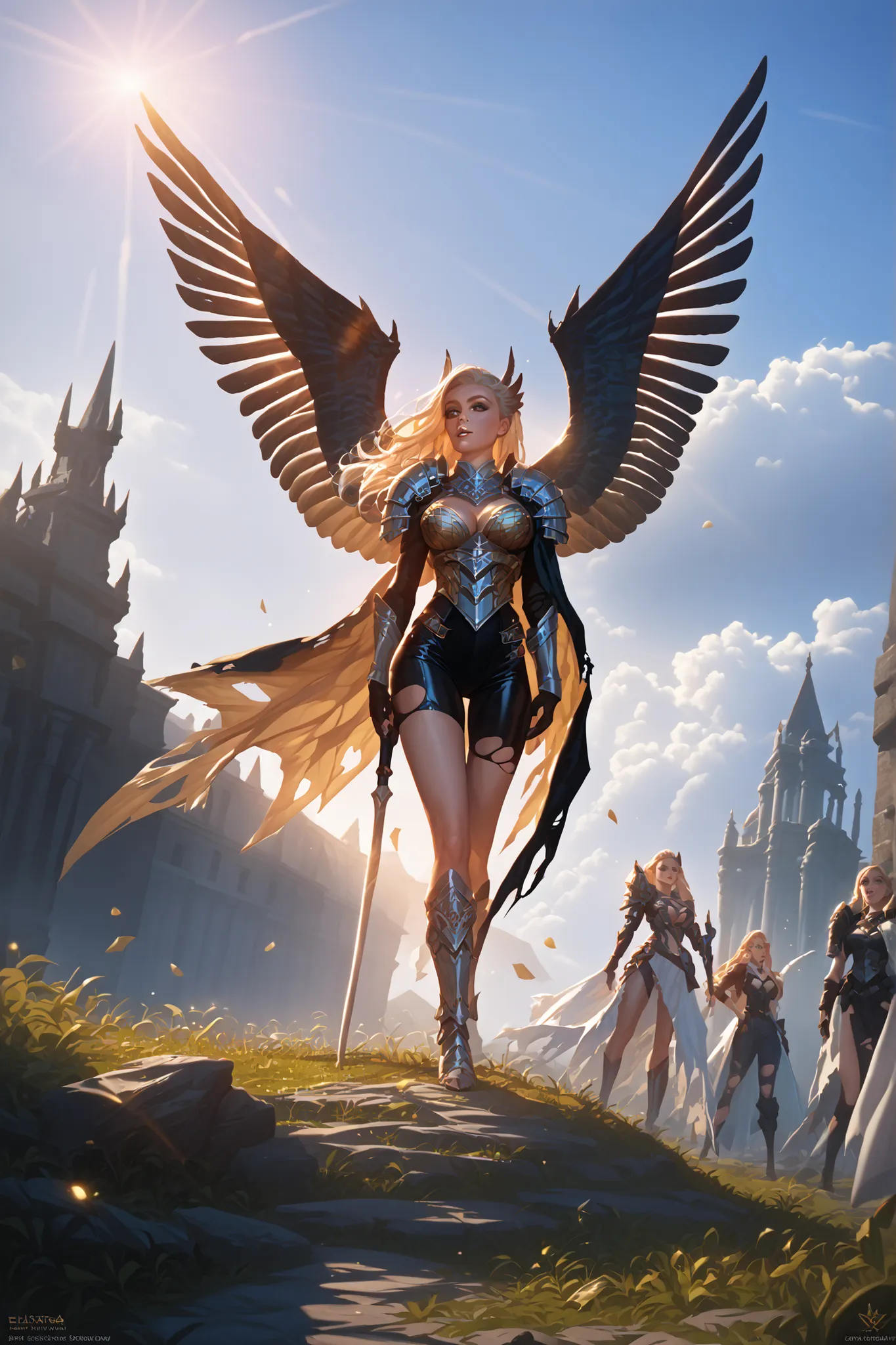 Angelic women with wings and long unkept like hair, She is stranding on the Gates of hell. Her full body covered by armour and torn cape,  background: outdoors, battlefield of Hell vs heaven, Time of the day: early morning, (God rays effect)