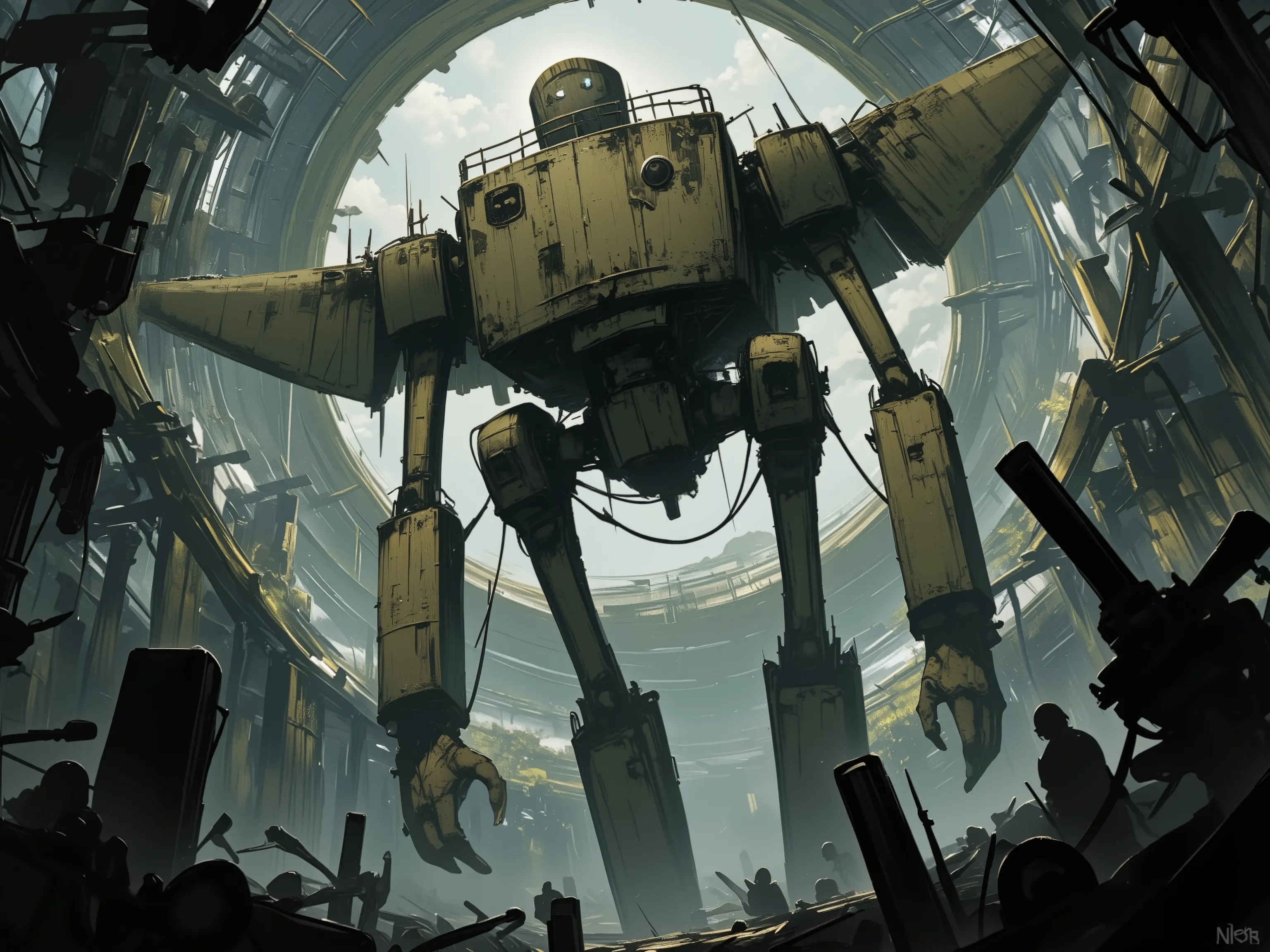 4pp4l4chi4 Folk Horror, NieR, P-33, in a large circular chamber in an old factory, A large robot, humanoid robot with wings, Cylindrical head with a guardrail around the top and two circular eyes, head is on top of a boxy torso with a vent on it, two long ...